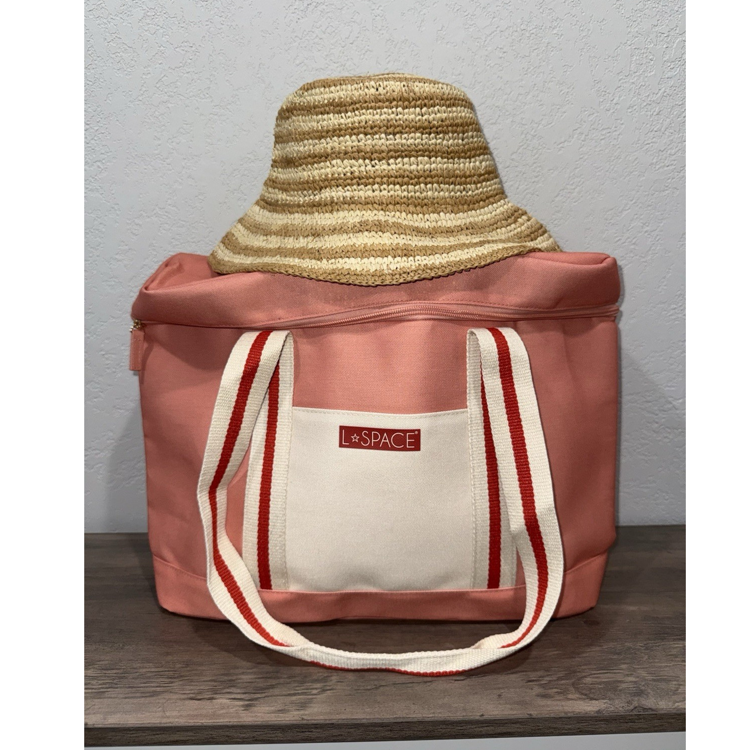L*SPACE Isadora Bucket Hat Striped Straw and L*SPACE Cooler Tote