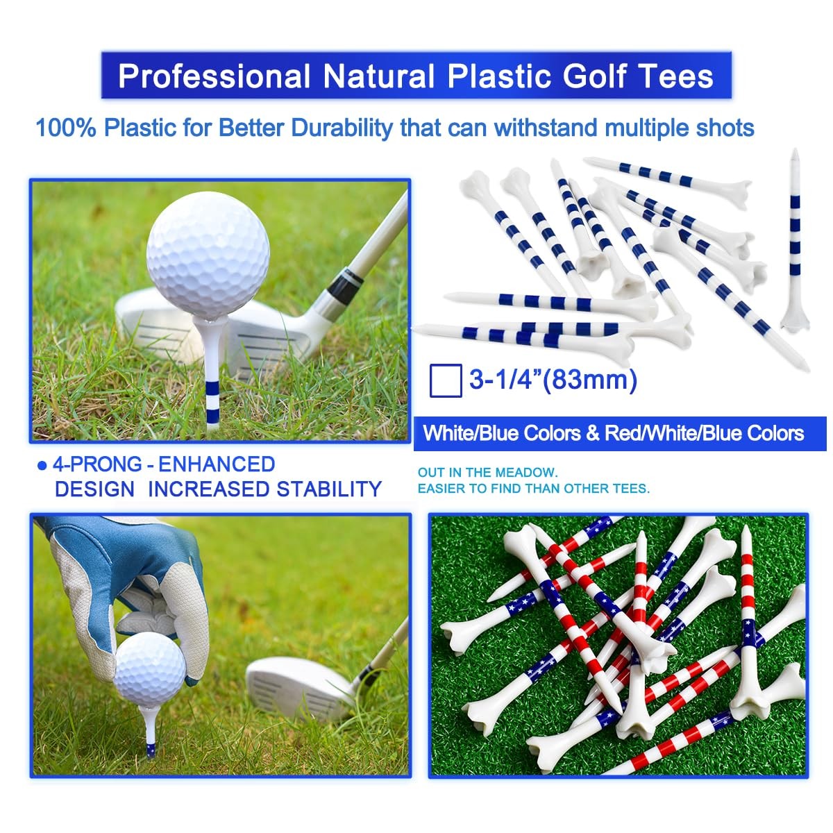 Golf Tees3 1/4" -100 Pack, Plastic Golf tees 3 1/4 inch 4-Prong Long Plastic ...