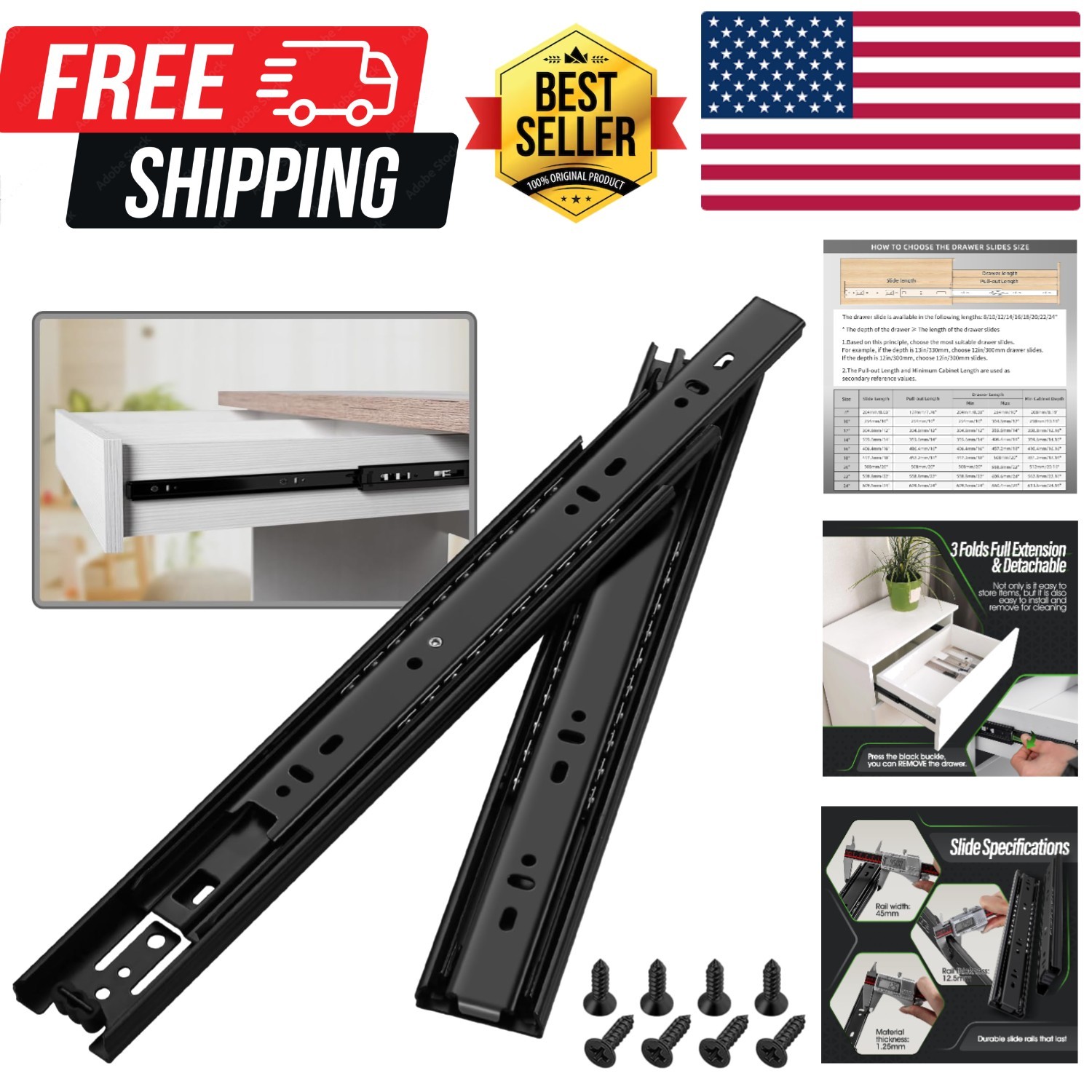 1 Pair Full Extension Ball Bearing Drawer Slides 8 10 12 14 16 18 20 22 24 In...