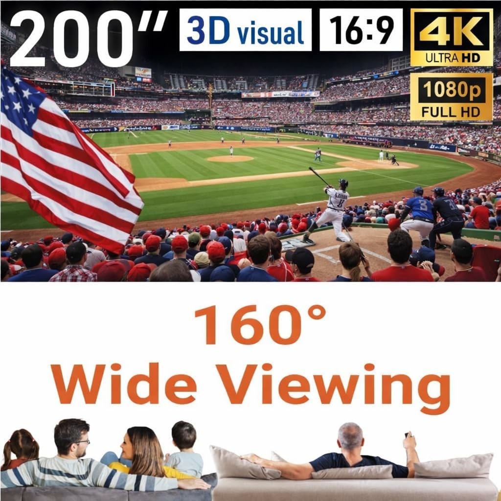 200" Projector Screen 4K HD Outdoor Movie 16:9 Canvas Double-Sided Portable