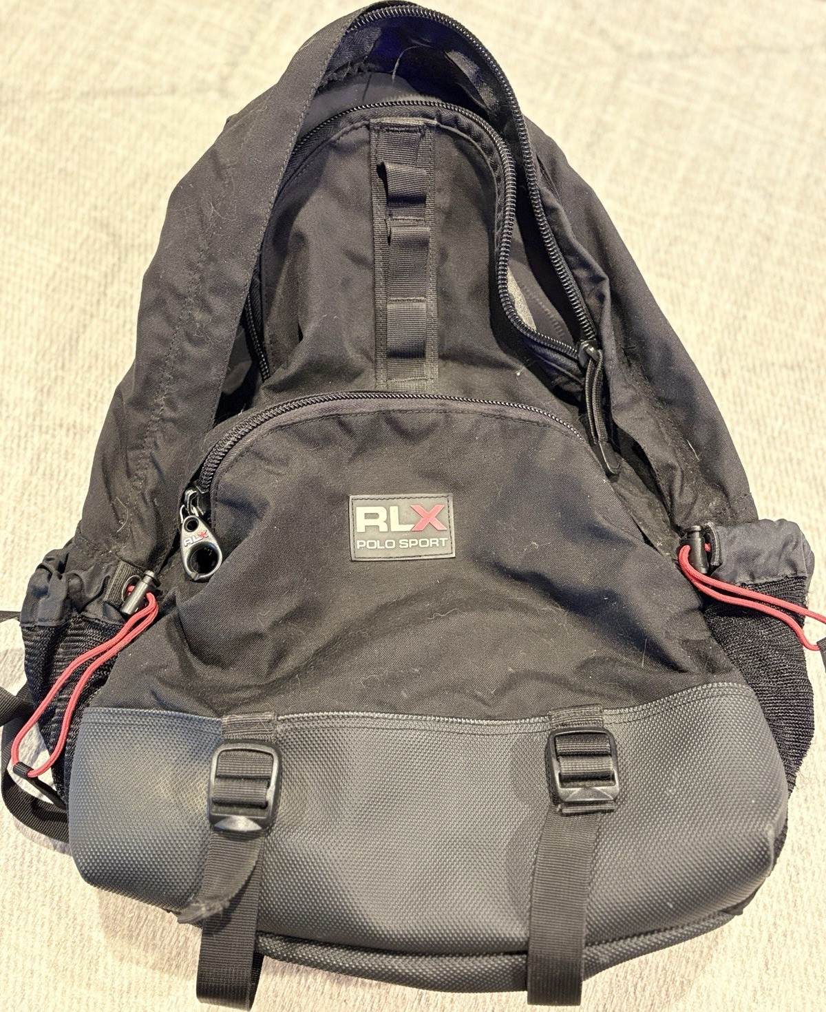 RLX Polo Sport Black Nylon Backpack Adjustable Straps Mesh Back Panel 3 Pockets