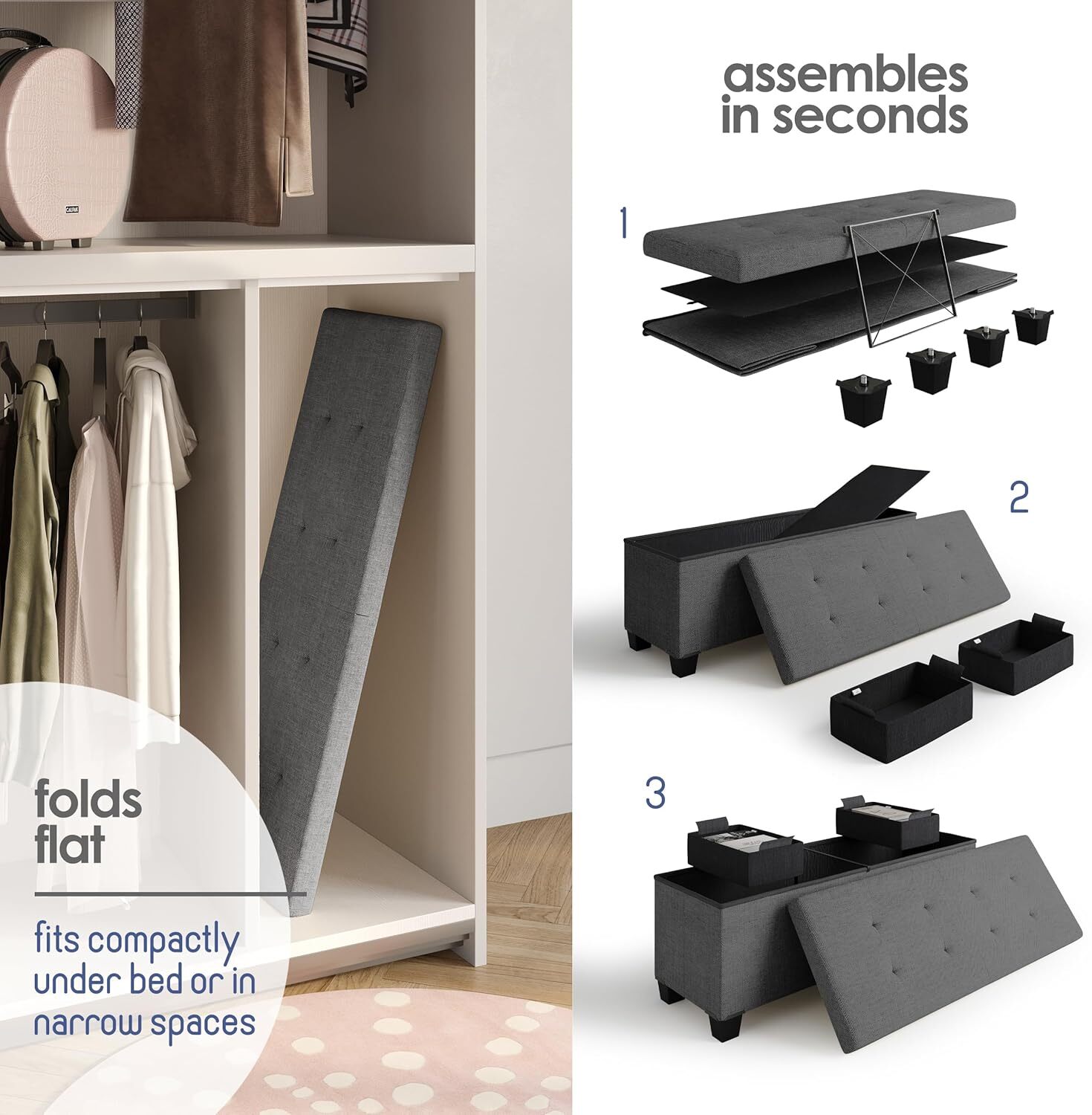 Storage Ottoman with Organizer, 43-Inch Bedroom End-of-Bed Storage Bench