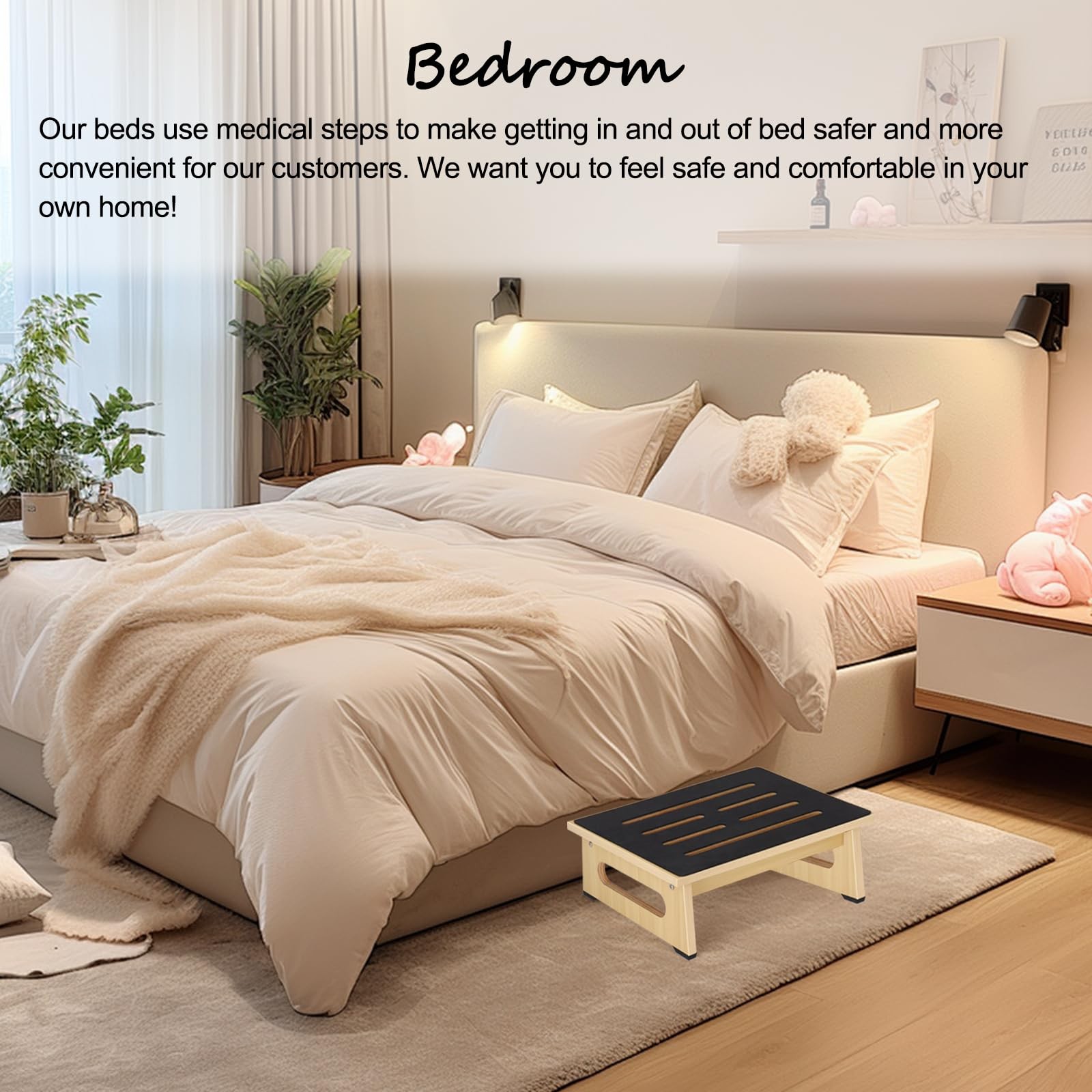 Step Stool Adults Seniors 5.5" Non-Slip Heavy Duty Wooden Bed Kitchen Bathroom