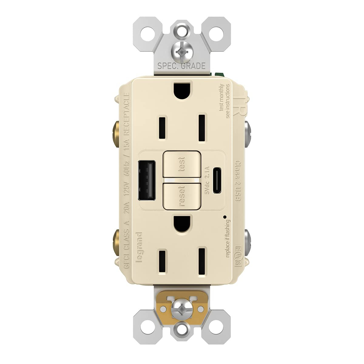 Radiant 15 Amp GFCI Self-Test Tamper Resistant Decorator Duplex Power Outlet wit