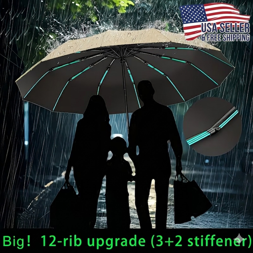 Windproof 12 Rib Umbrella Automatic Open Close Compact Folding Rain Sun UV Prote