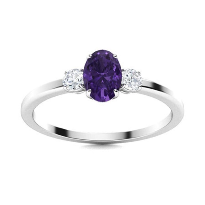 925 Sterling Silver Oval Natural Amethyst February Three-Stone Ring Jewelry