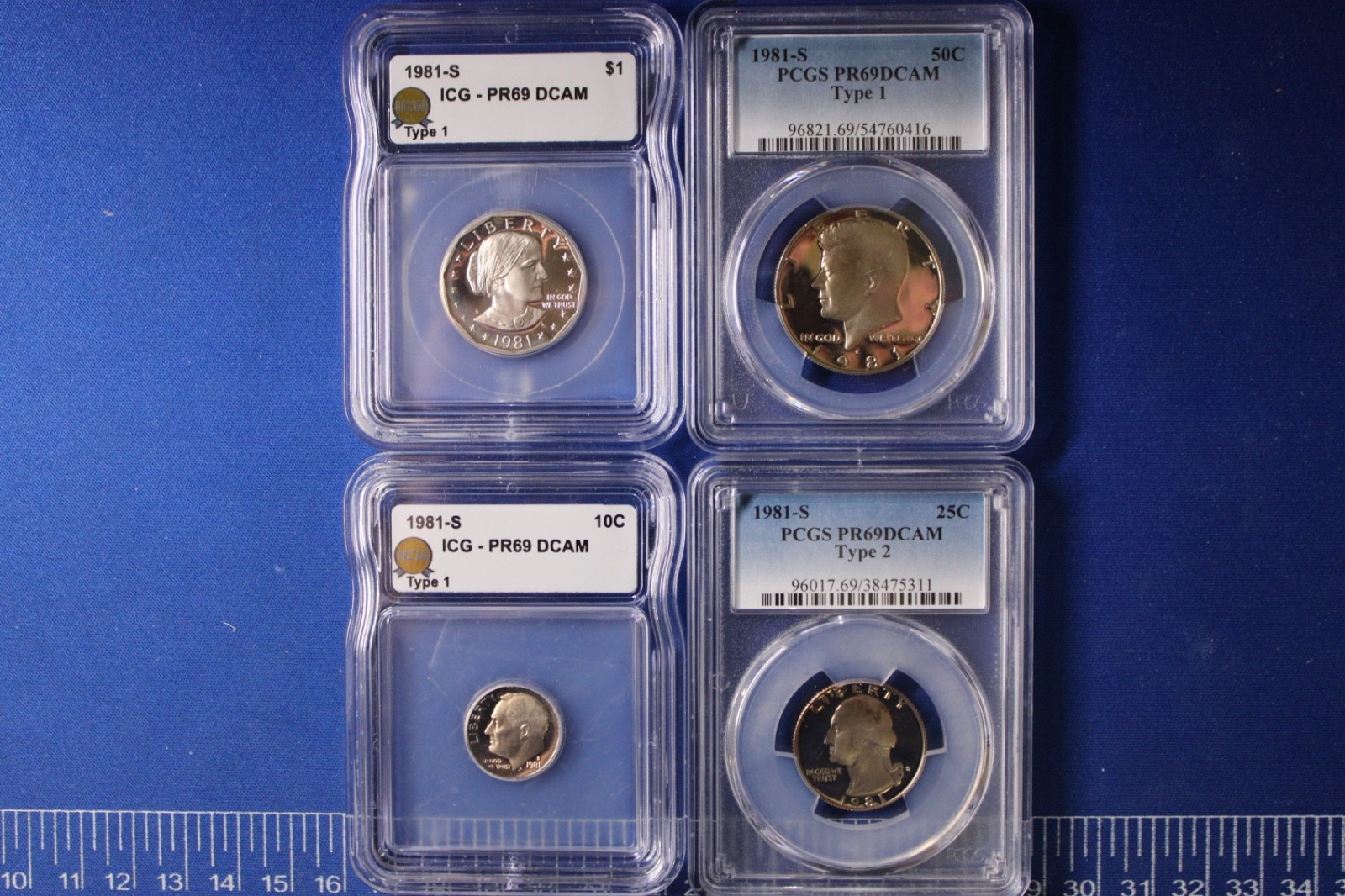 1981-S Proof Lot PCGS ICG PR69 DCAM  TONED Type 2 Quarter Blue Gold Light Dime