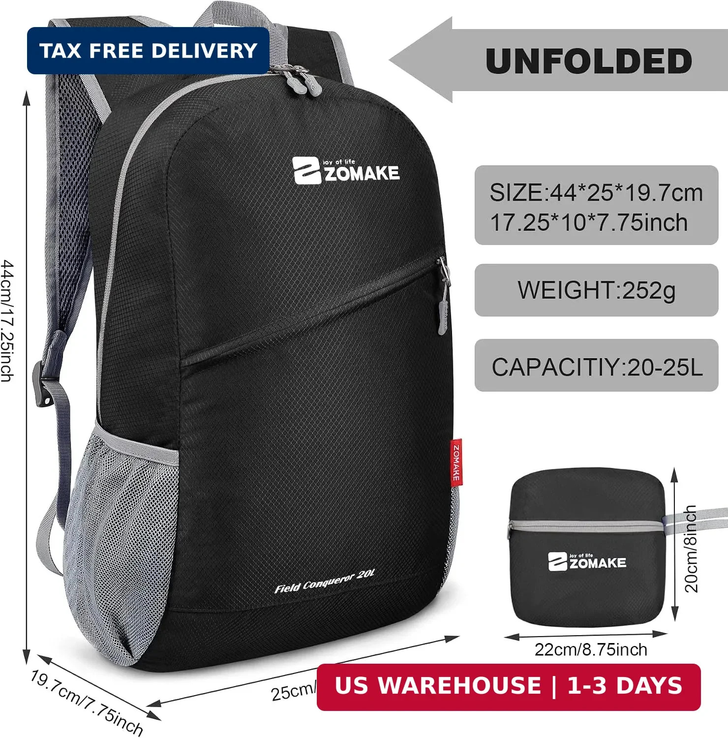 ZOMAKE Lightweight Packable Backpack 20L(Black) | Foldable Backpacks Small Daypa