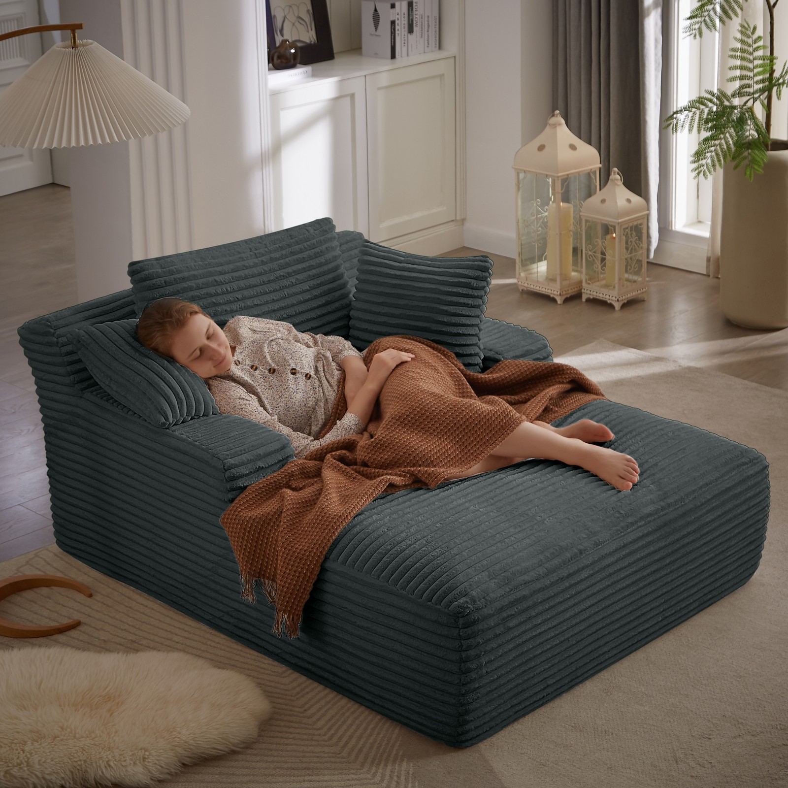 Oversized Chaise Lounge Chair Corduroy Upholstered Sofa Bed Sleeper Couch Gray