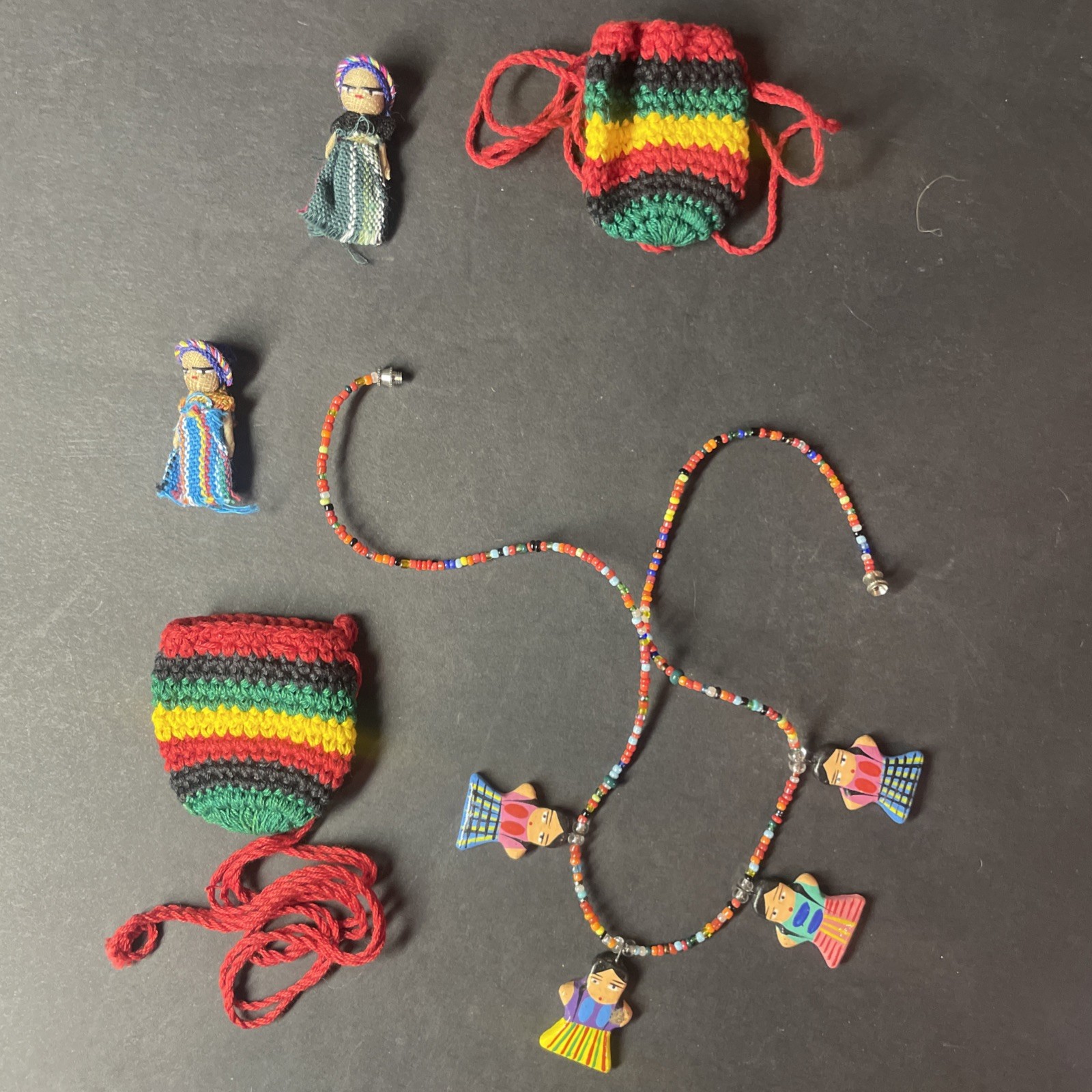 Vintage Worry Doll Peru Guatemala Tiny Dolls  With Pouches And Necklace Handmade