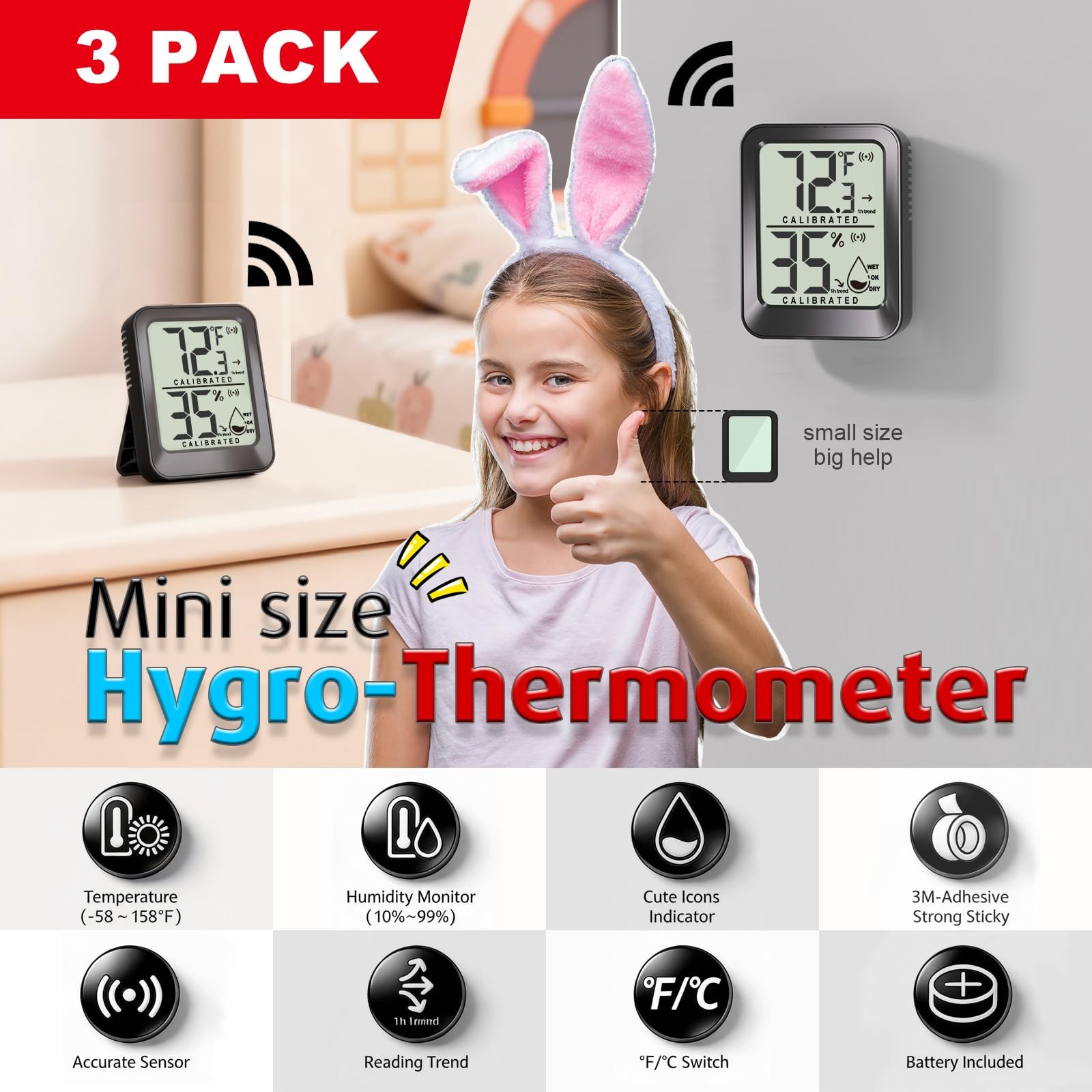 3 Pack Room Thermometer Indoor Mini Temperature Humidity Meter 3 - Black