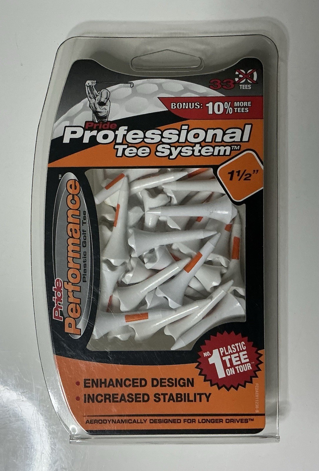 Pride Golf Tee Professional Tee System Plastic Golf Tees 1.5” White Orange 33pk