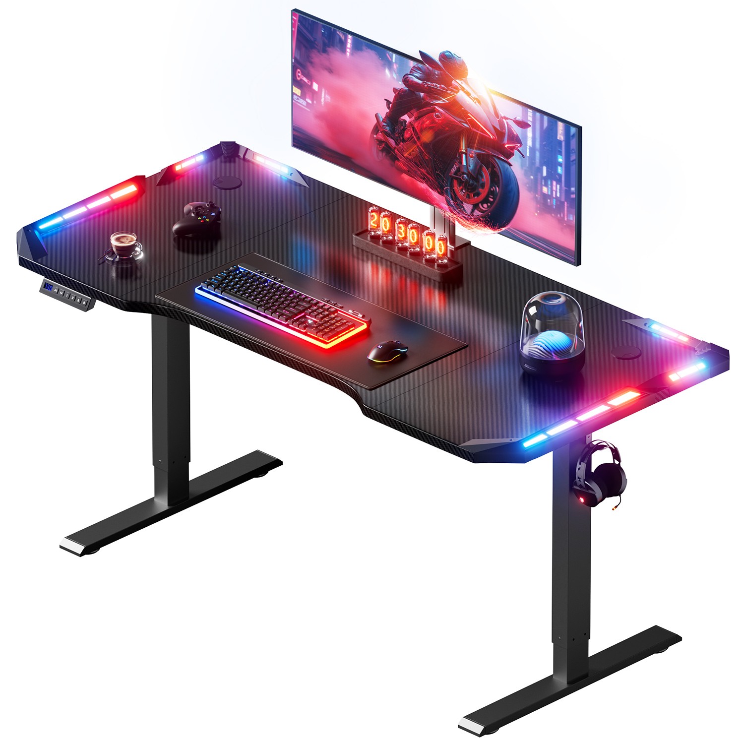 47/55 inch Electric Standing Desk with LED Lights, Height Adjustable Desk, Black
