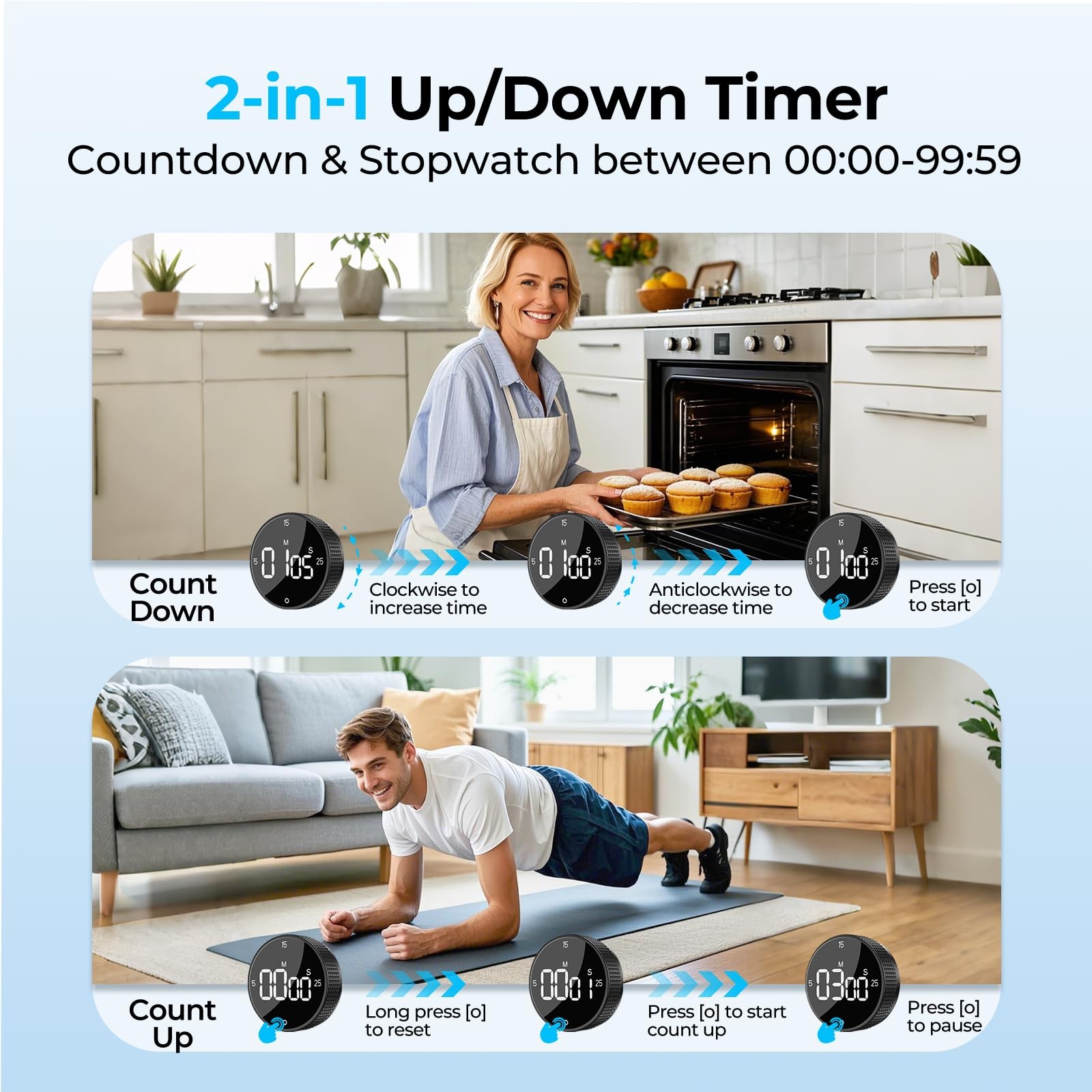 Digital Magnetic Kitchen Timer for Cooking, Large LED Countdown Timer, Rotati...