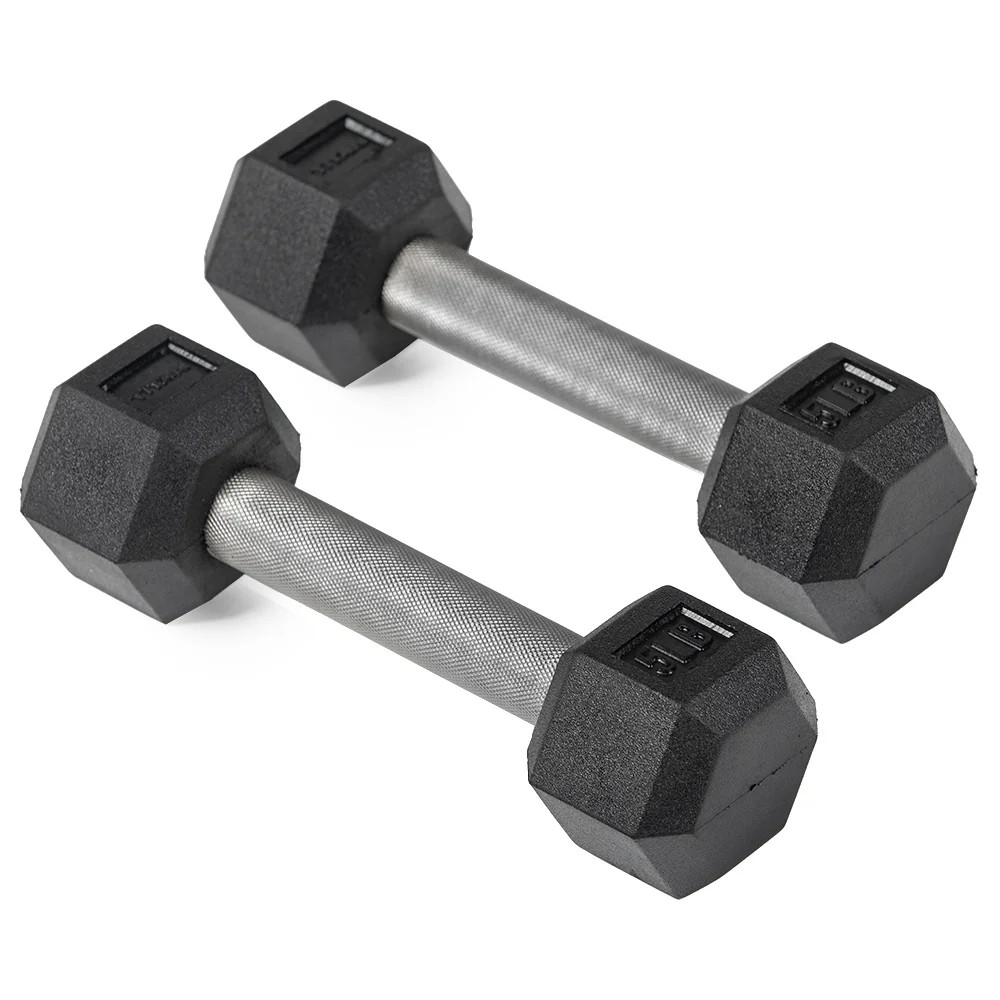 Titan Fitness 5 LB Pair Free Weights, Black Rubber Coated Hex Dumbbell, Straight