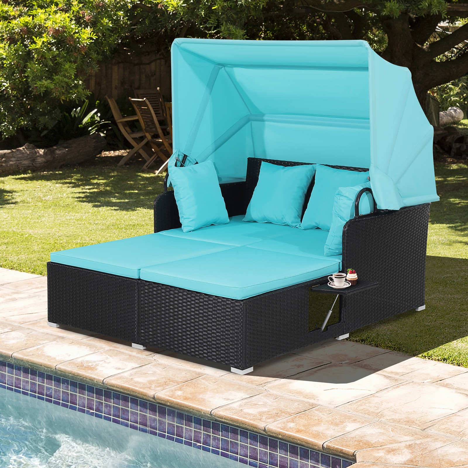 Patio Hand-Woven PE Wicker Daybed Outdoor Loveseat Sofa Set w/Turquoise Cushions