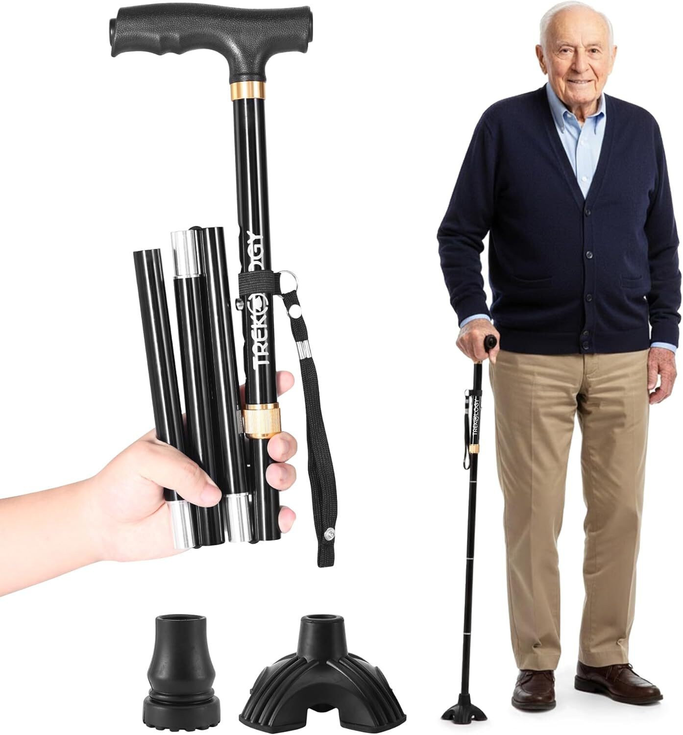 TREKOLOGY Foldable Walking Cane with Quad Self-Standing Base (US)