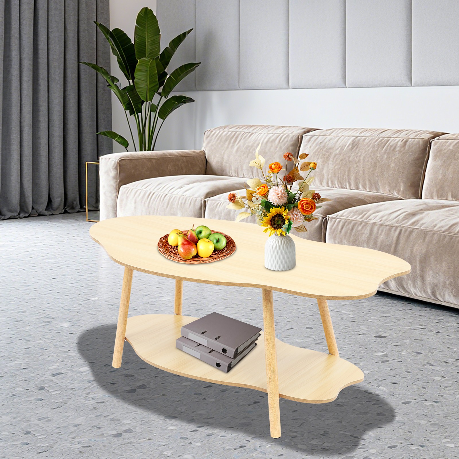 Cloud-shaped Coffee Table Double Layer Center Table for Living Room Light Walnut