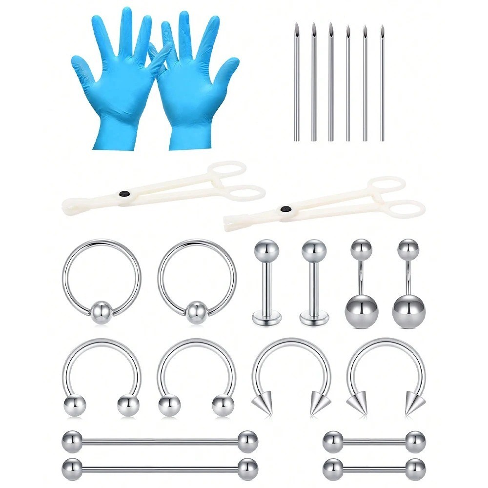 24PCS Stainless Steel Piercing Kit 14G 16G Body Jewelry Tool Set Universal