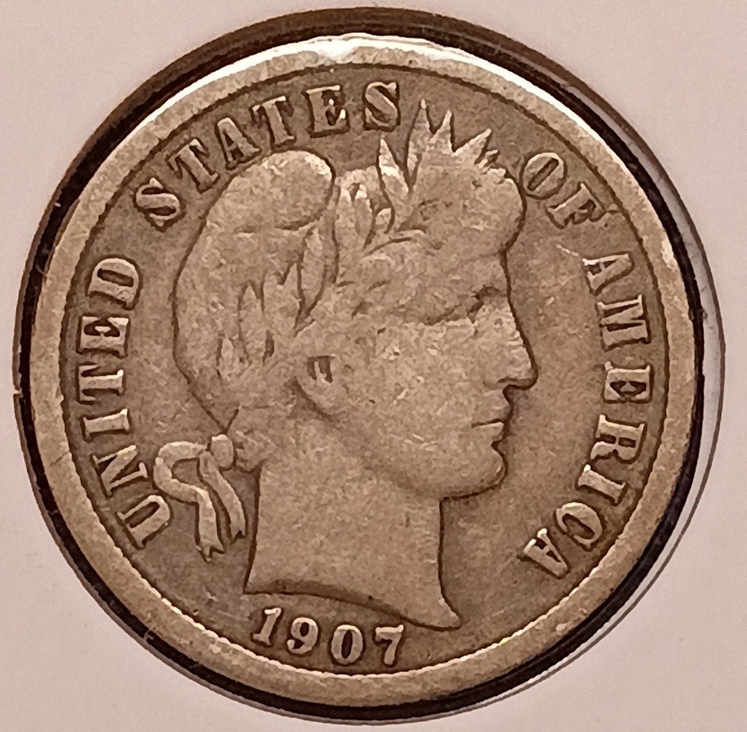1907 BARBER DIME -- nice Very Good+ (VG+)