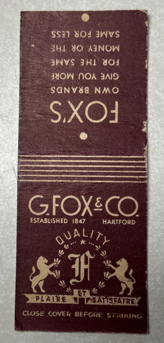 Vintage G. FOX & CO. Matchbook Cover, Hartford, CT.
