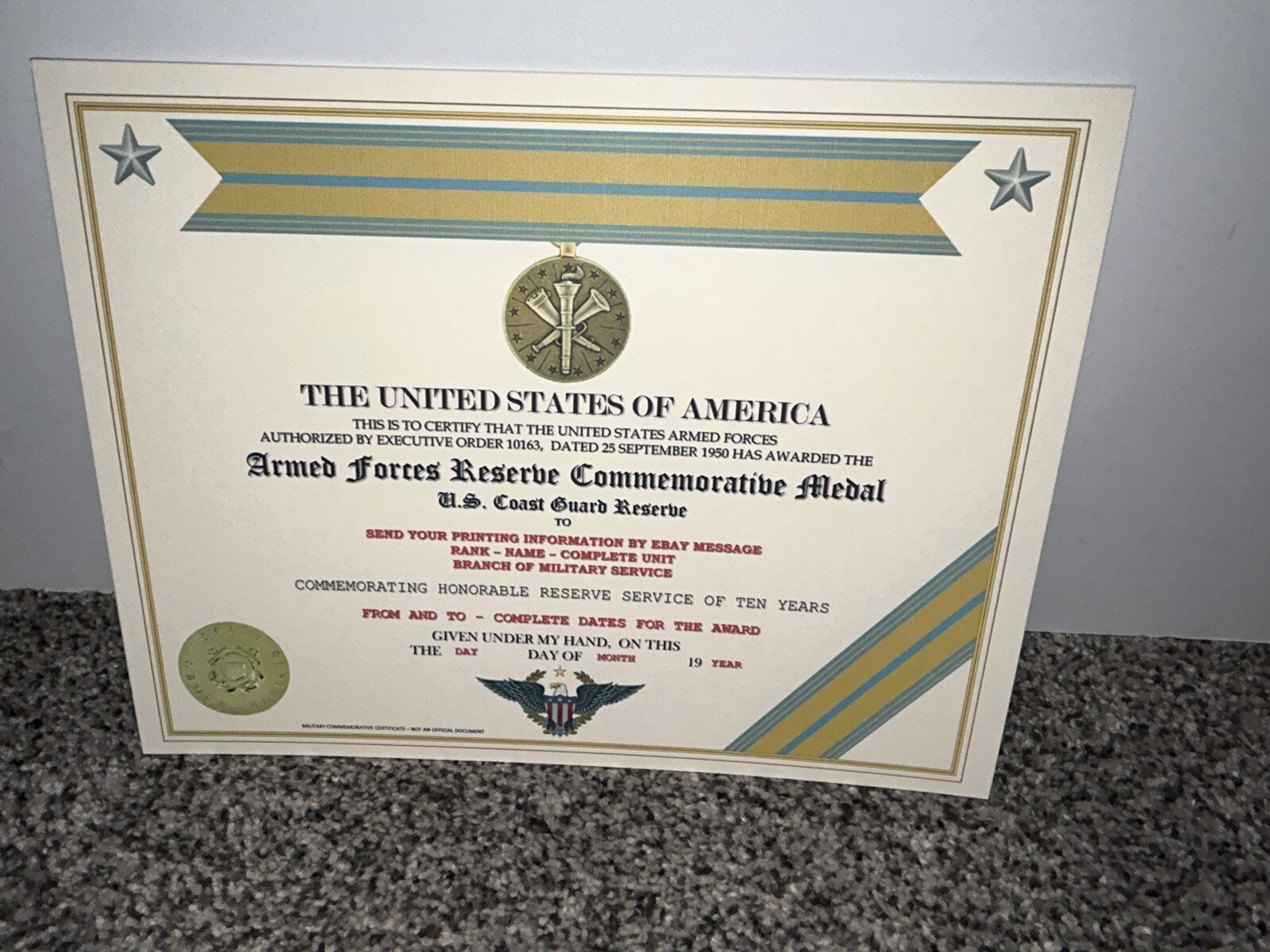 ARMED FORCES COAST GUARD RESERVE COMMEMORATIVE CERTIFICATE ~ W/PRINTING TYPE-1