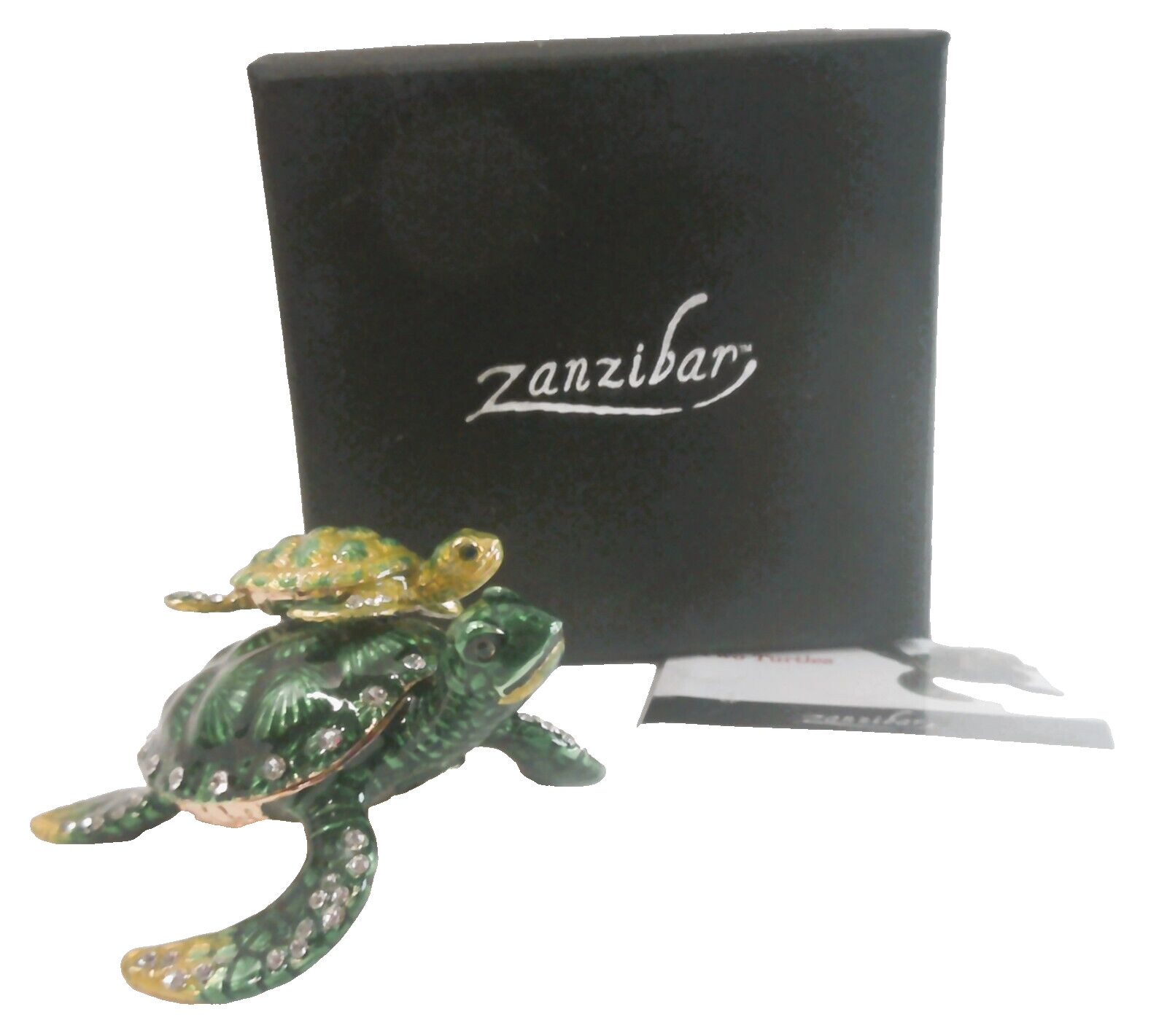 Zanzibar Enameled Jeweled Trinket Box Two Turtles Green with Rhinestones in box