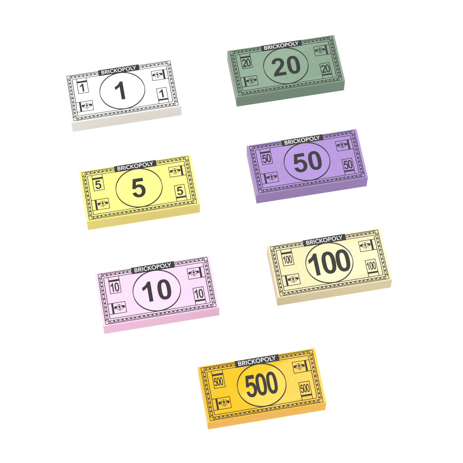 Brickopoly Money for Game Board - Custom Printed MOC -Minifig Scale 1x2 Tiles