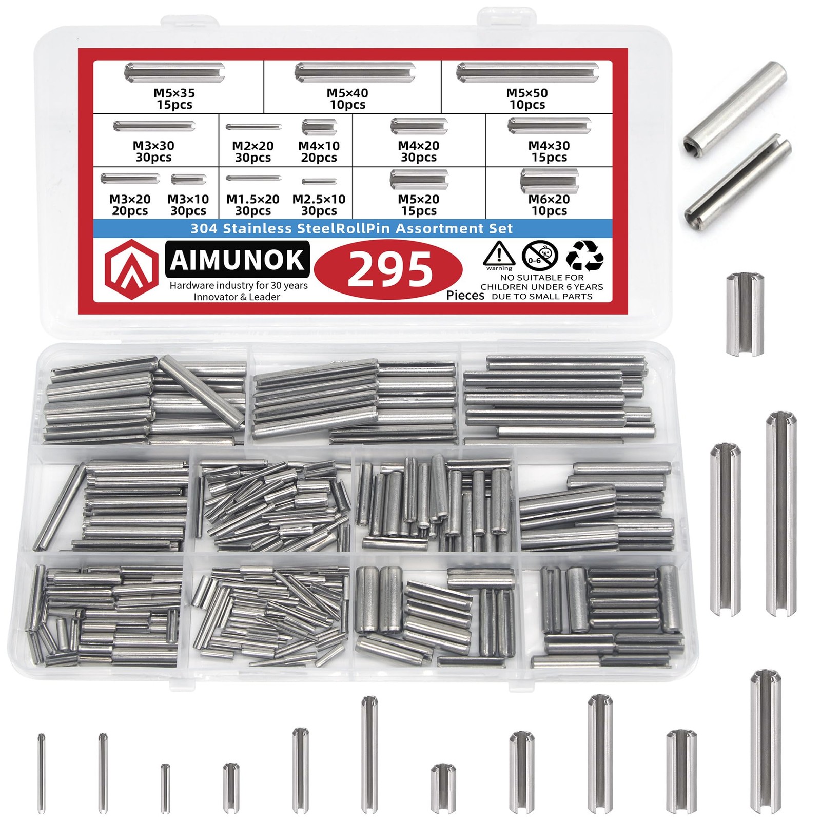 295-Piece Stainless Steel Roll Pin Assortment Kit - Spring Dowels, Slotted Te...