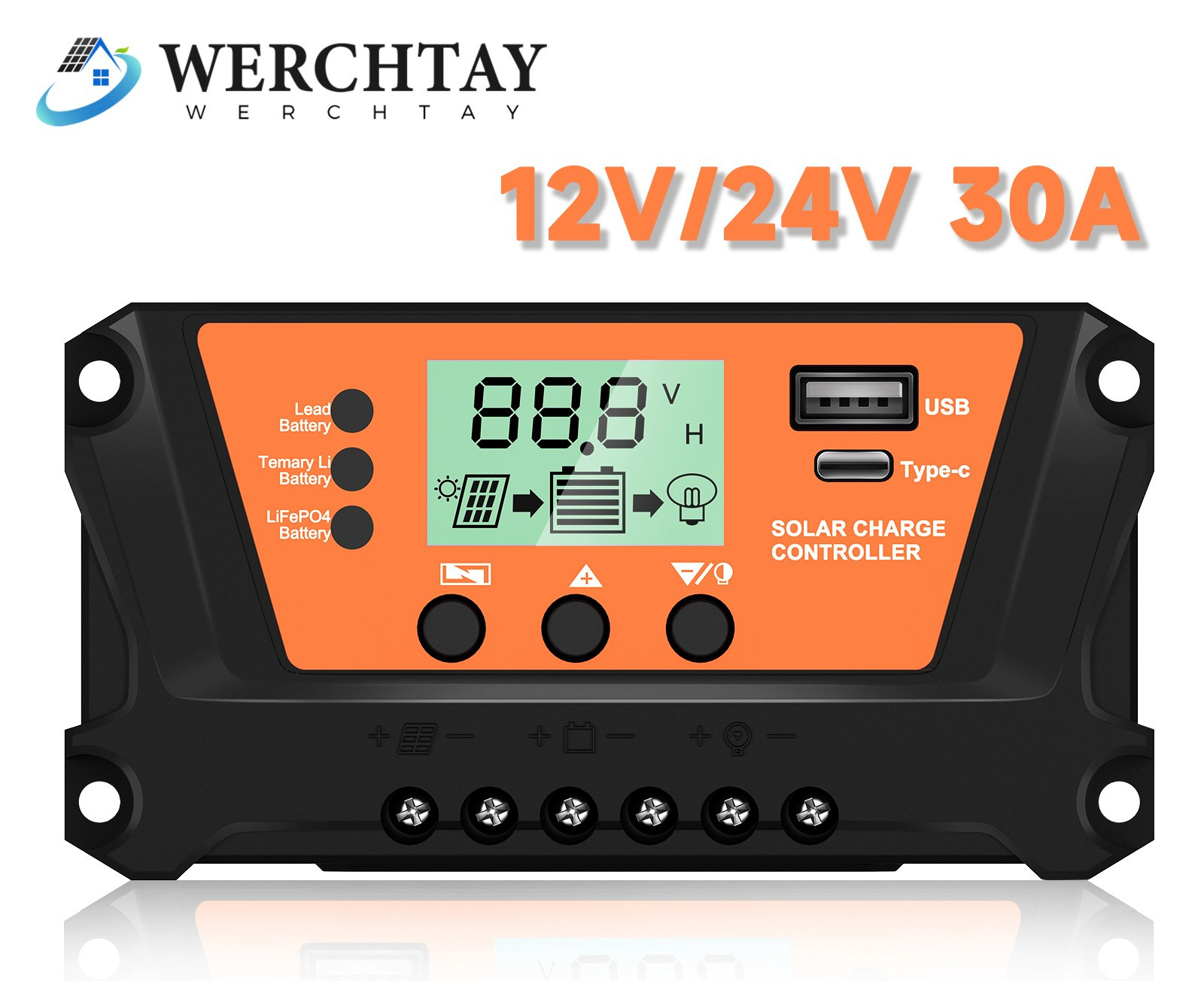 30A Solar Panel Battery Charge Controller USB Type-C 12V/24V Auto Regulator LCD