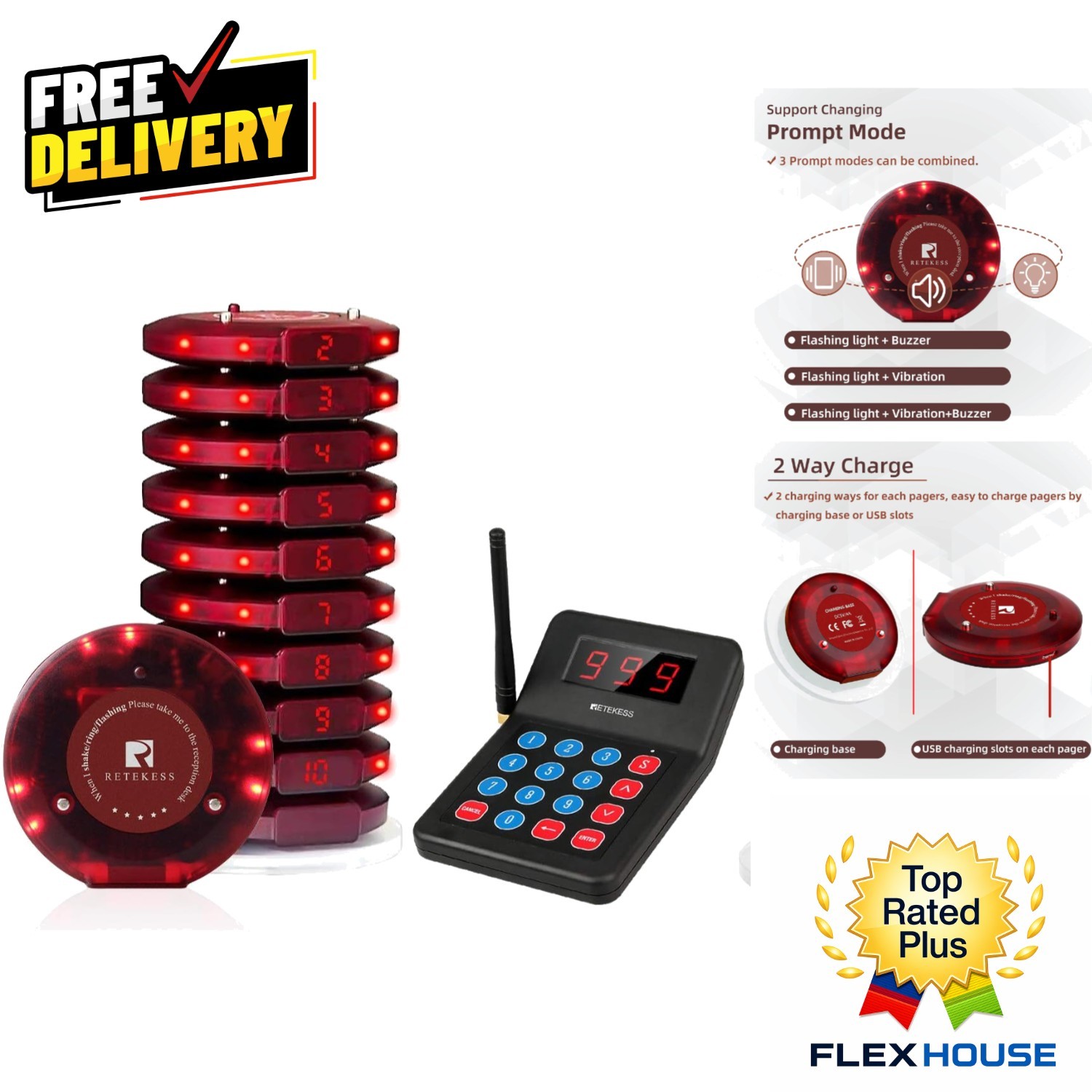 10-Pager Restaurant Order Ready Buzzer with Rechargeable Battery & Call Records