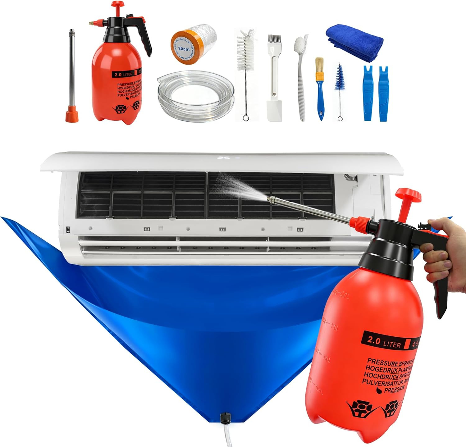 13PCS Mini Split Cleaning Kit with 2L High Pressure Sprayer, Deep Cleaning Air C