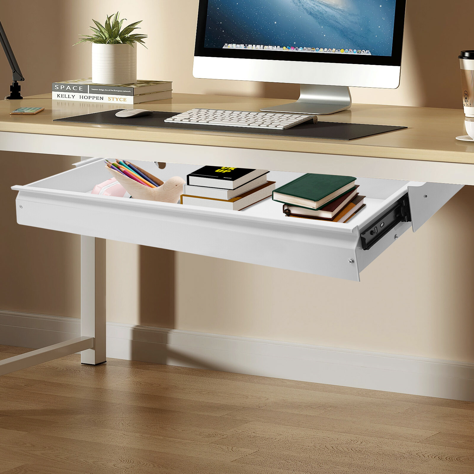 33" White Space Saver Sliding Under Desk Storage Drawer Pull-out Drawer White