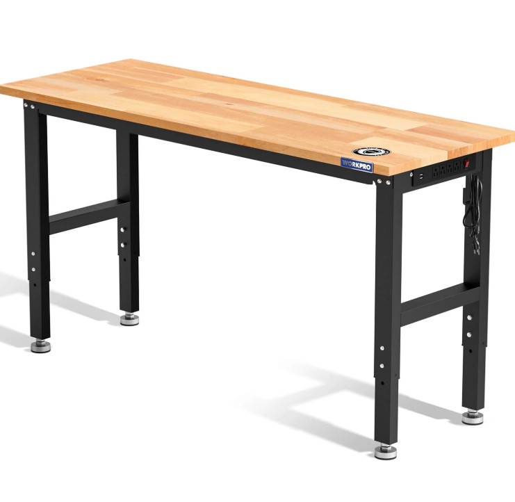 Uimoso Adjustable Height Workbench 60"L x 24"W Work Bench Table w/ Power Outlets