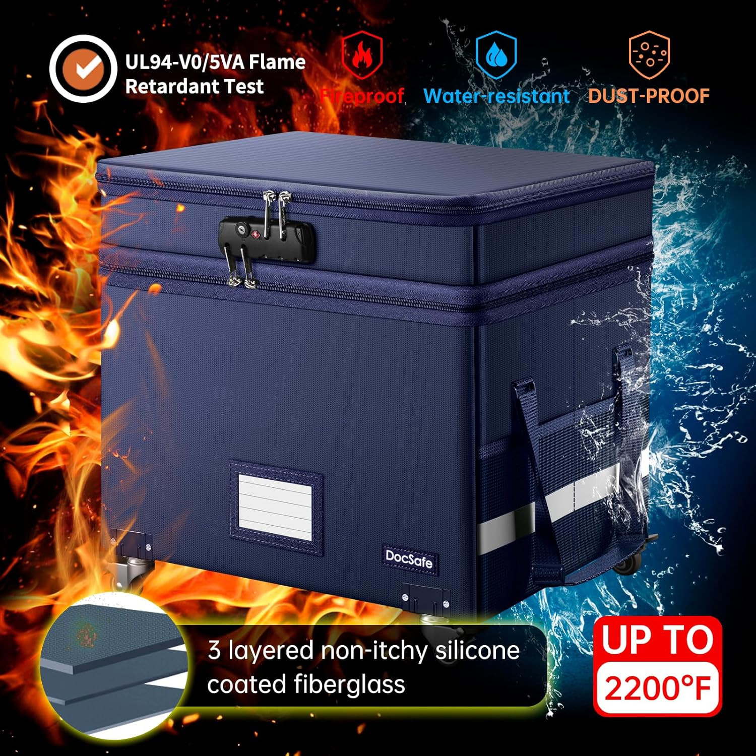 File Box with Lock, 2-Layer Fireproof Document Box with Wheels,Collapsible File