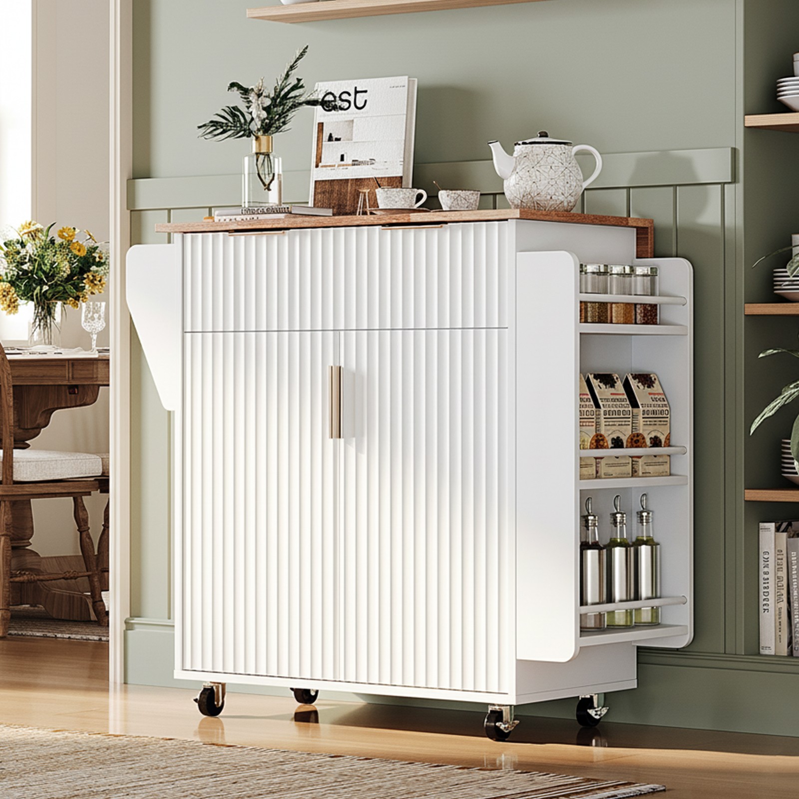 34" Kitchen Cart Island Rolling Dining Wooden Trolley Storage Tiered Cabinet