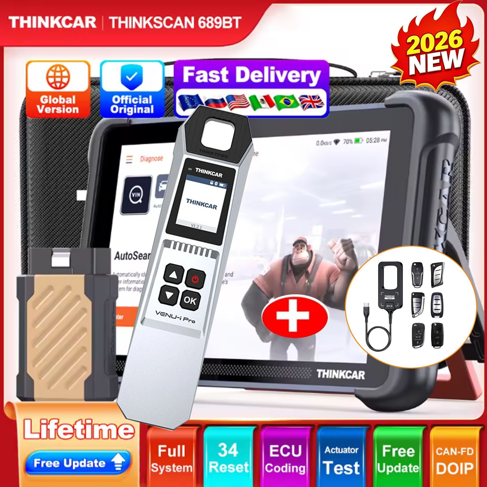 TKEY101 Key Program + TPMS + THINKSCAN 689BT Full System Diagnostic OBD2 Scanner
