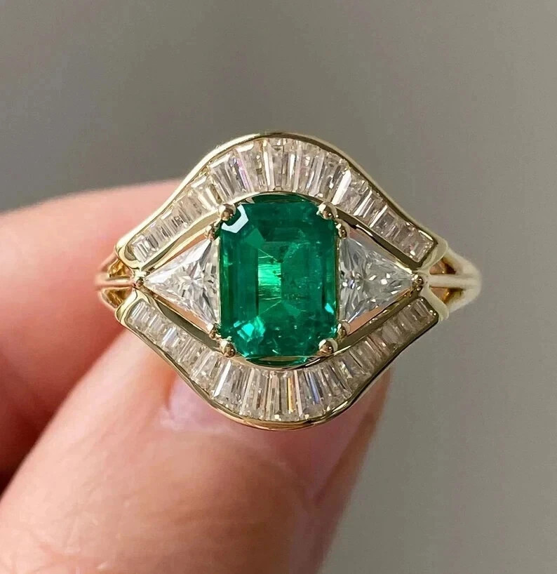 2.0Ct Emerald Cut Lab Created Emerald Halo Wedding Ring 14K Yellow Gold Plated