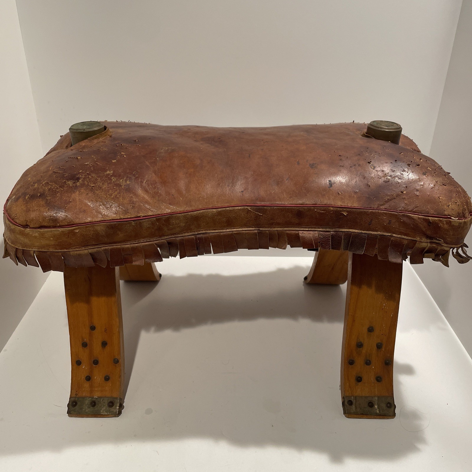 VINTAGE CAMEL SADDLE SEAT OTTOMAN FOOT STOOL ORIGINAL CUSHION