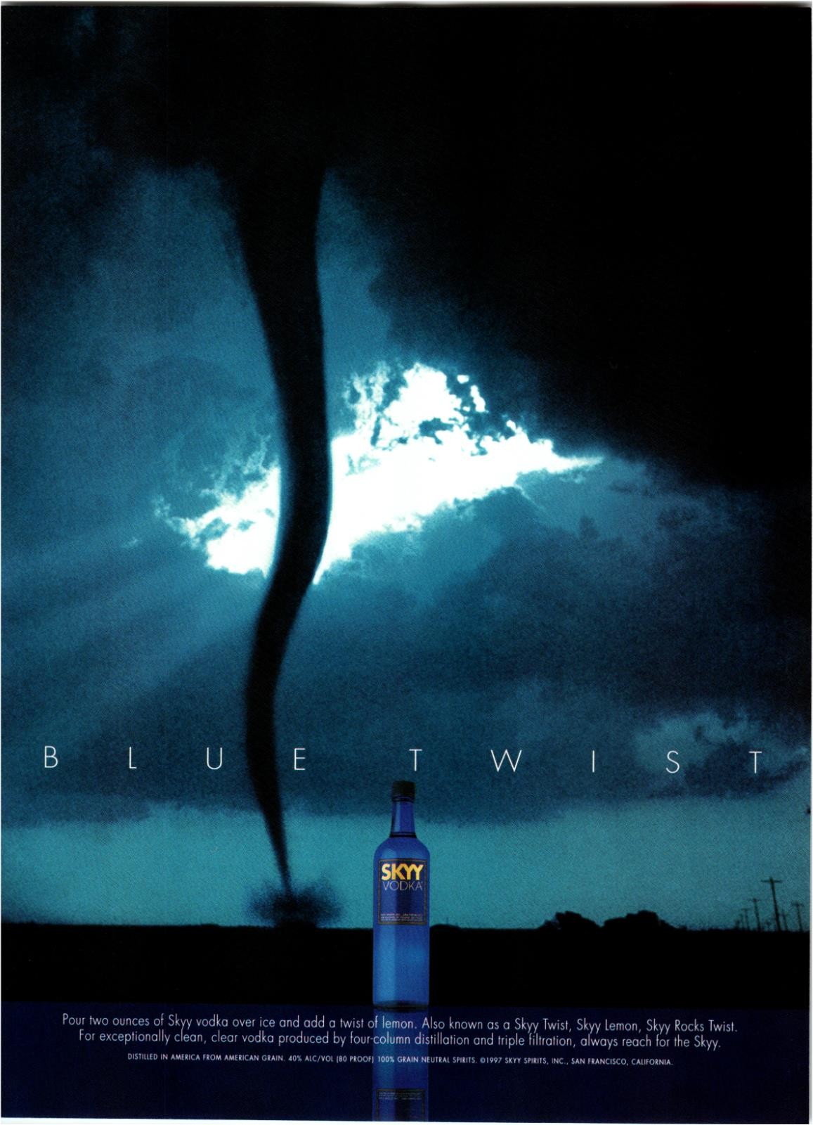 1997 Skyy Vodka Print Ad Blue Twist Tornado twister dark sky with sunlight