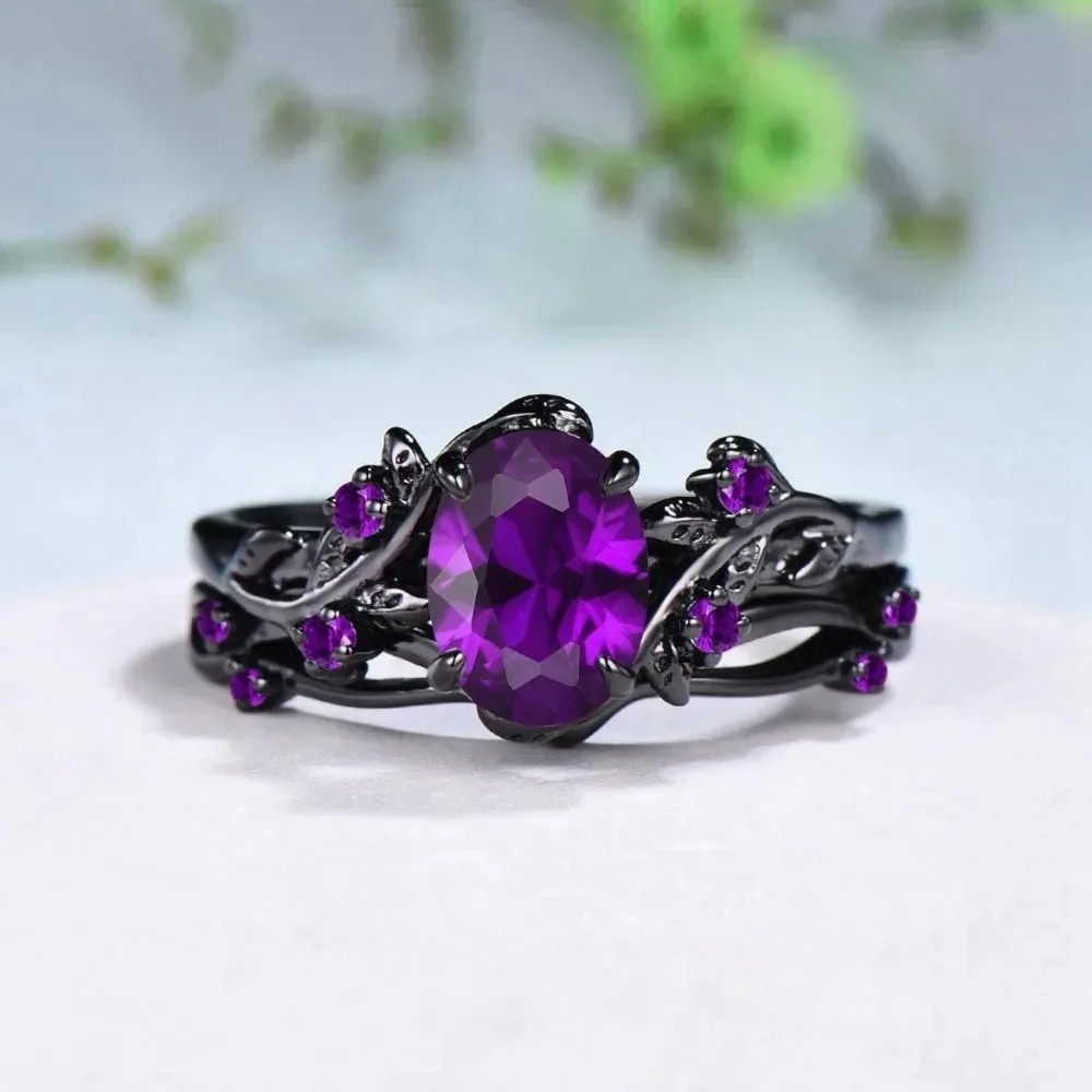 Gothic Amethyst CZ Wedding Ring Set for Women Black Stainless Steel Fashion