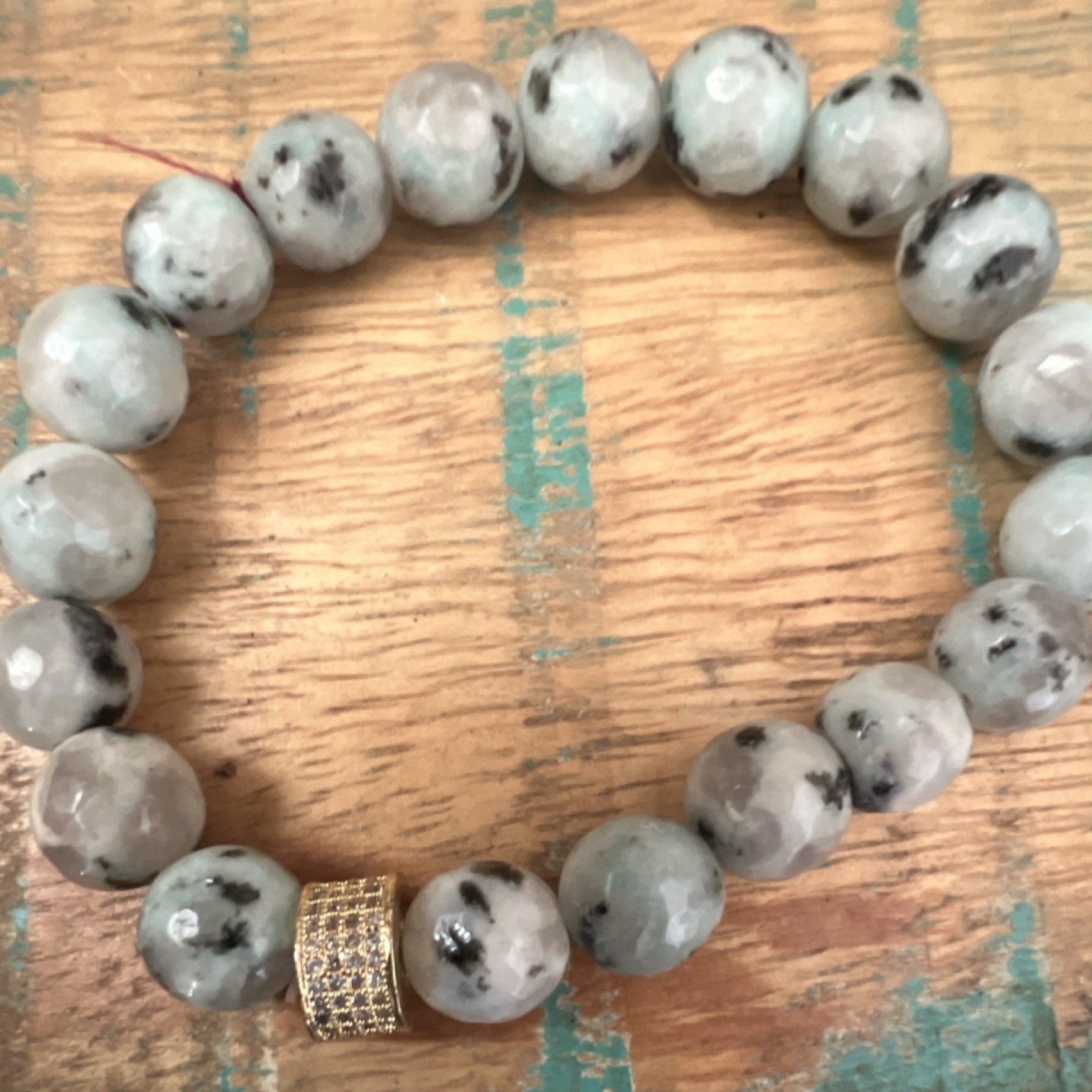 Beaded Gemstone Bracelet Gray Black Gold Stackable Round Gold Accent Unisex