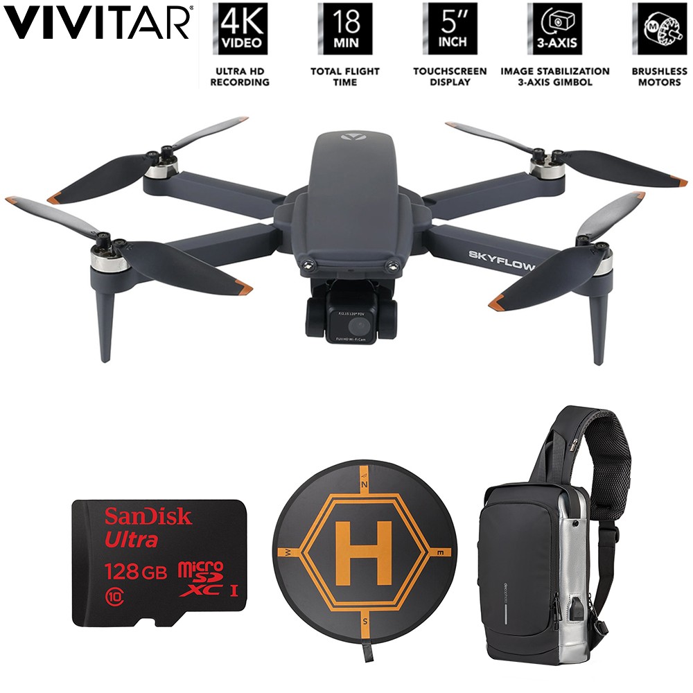 Vivitar SkyFlow GPS Foldable 4K UHD Video Drone with Sandisk 128GB Card Bundle