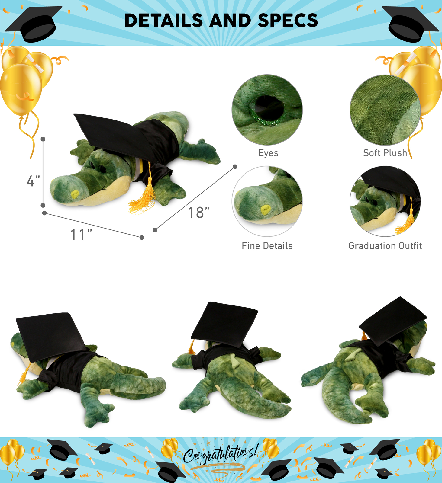 DolliBu Alligator Graduation Plush Toy Stuffed Animal Dress Up, 18 Inch
