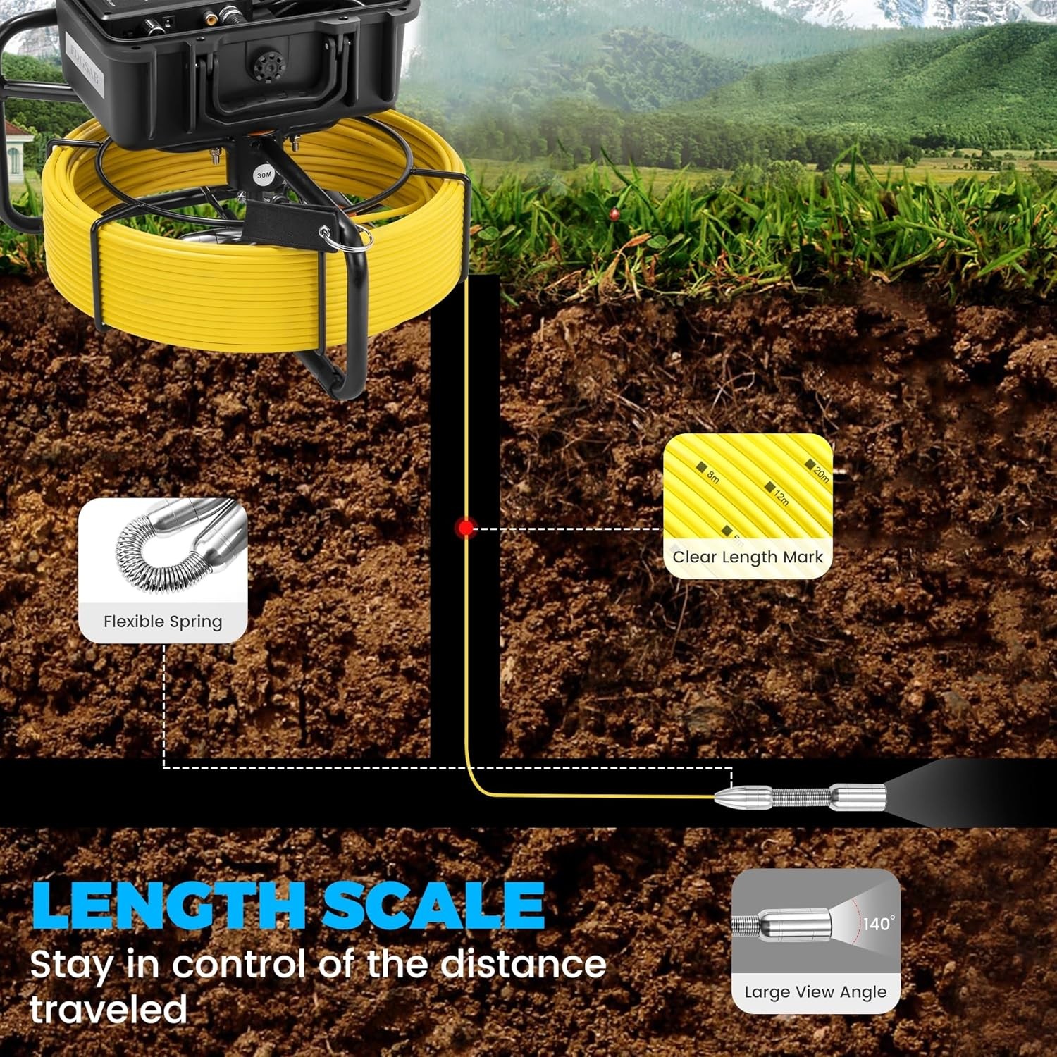 Sewer Camera 7 Inch LCD 20m/66ft Cable IP68 Waterproof