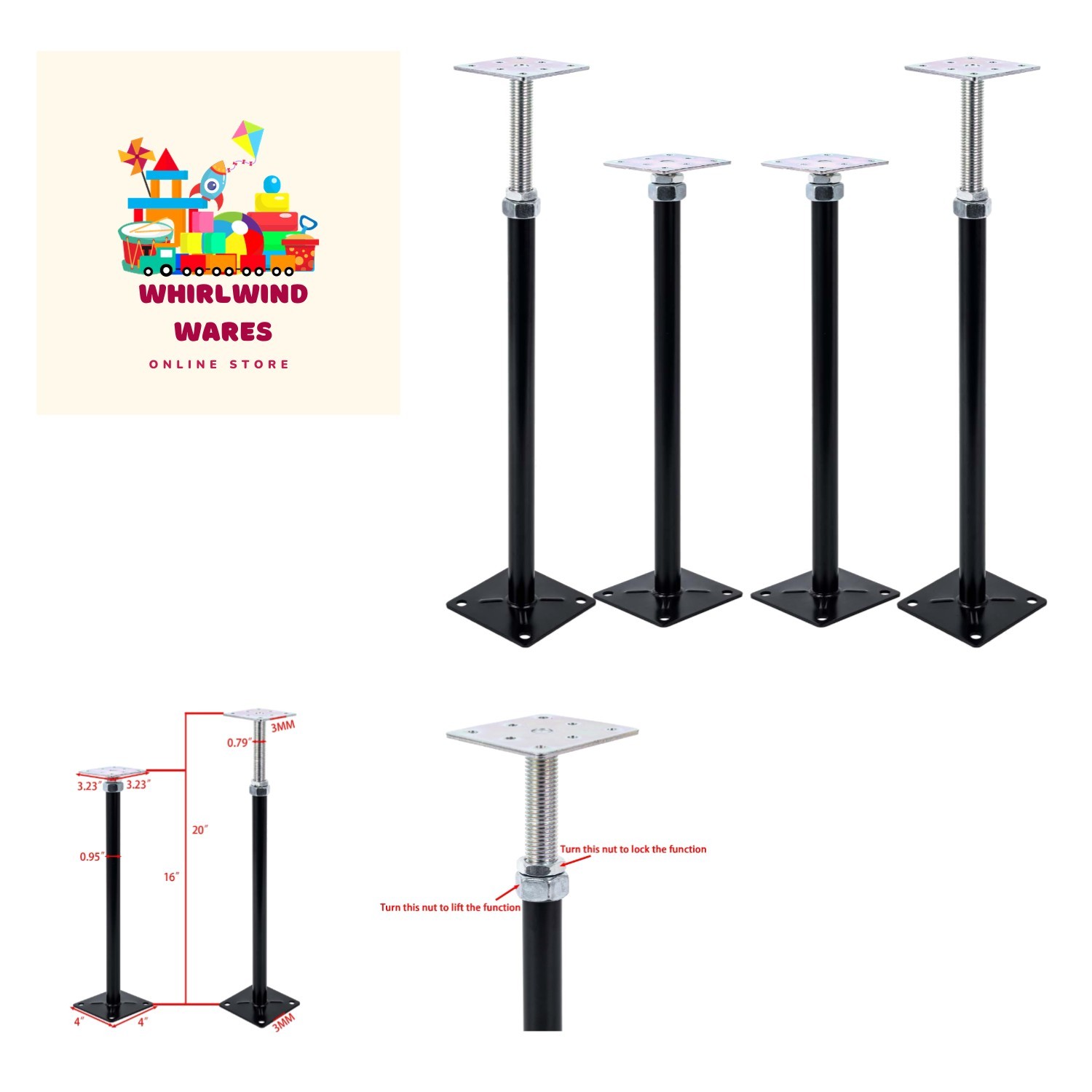 Durable Floor Jacks Set - 4 Adjustable Supports 16" to 20" for Home Stability