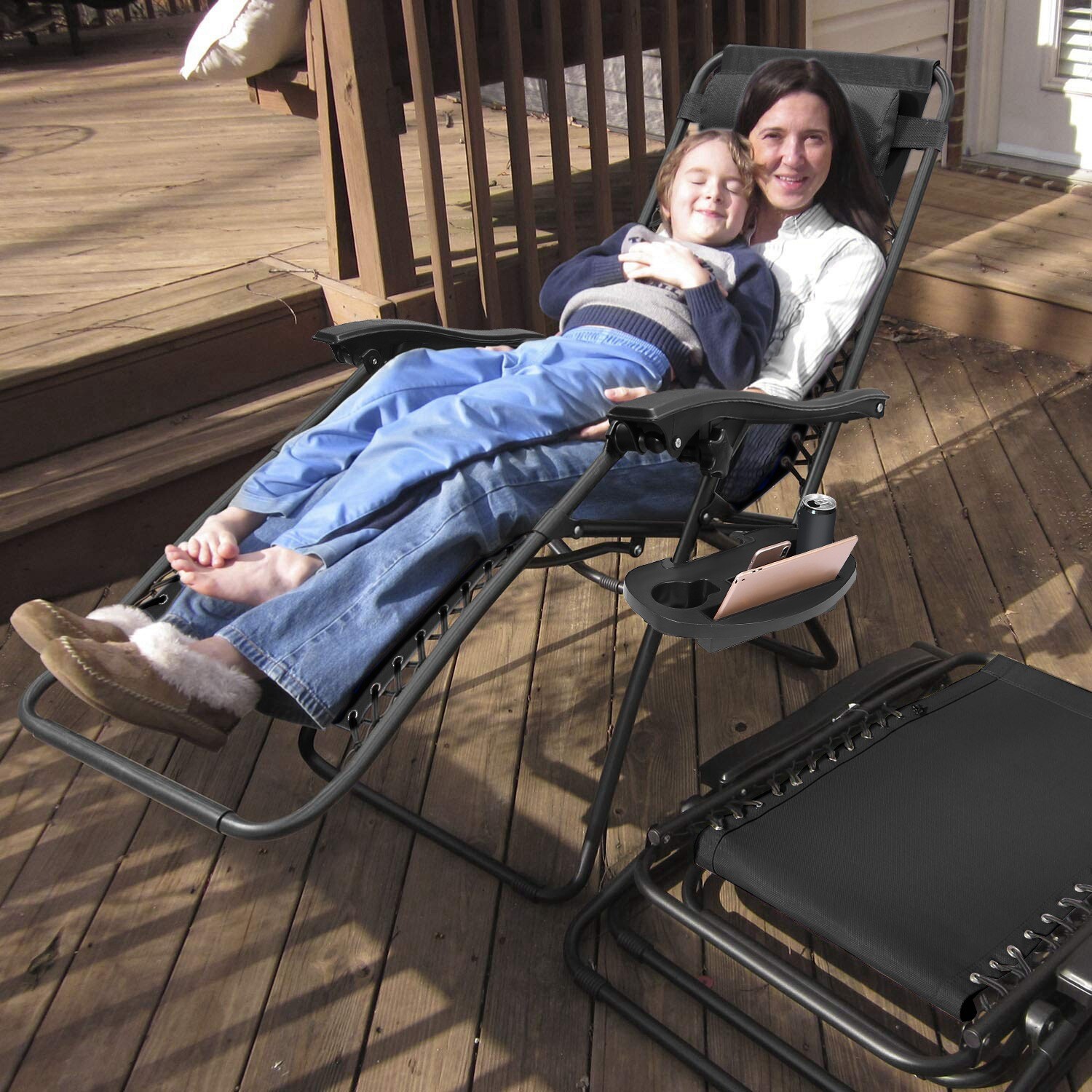 2 Pack Gravity Chairs Folding Patio Lounge Beach Outdoor Recliner with Side Tray