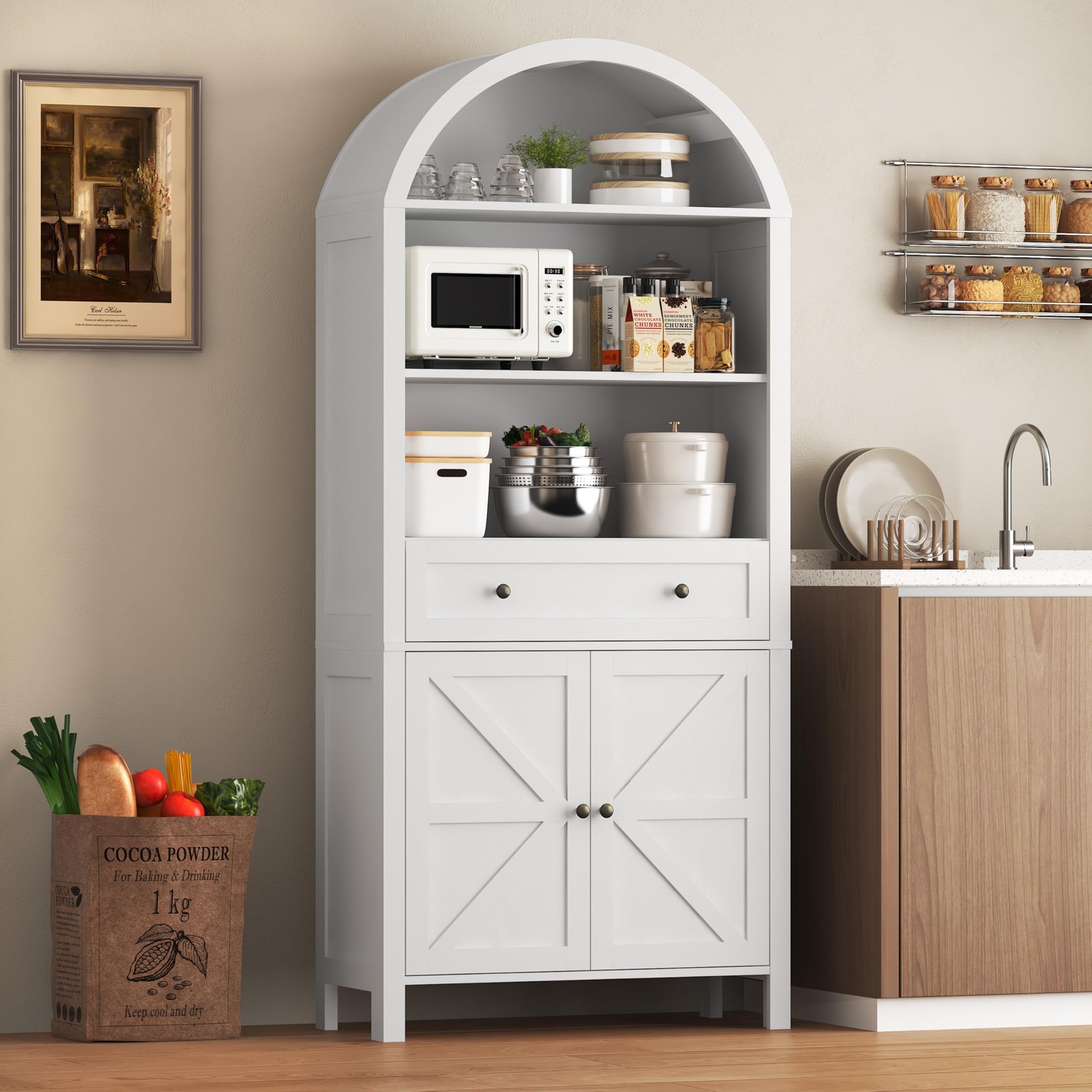 White 71 Tall Arched Door Pantry Cabinet Large Drawer 3 Tier Shelves Farmhouse
