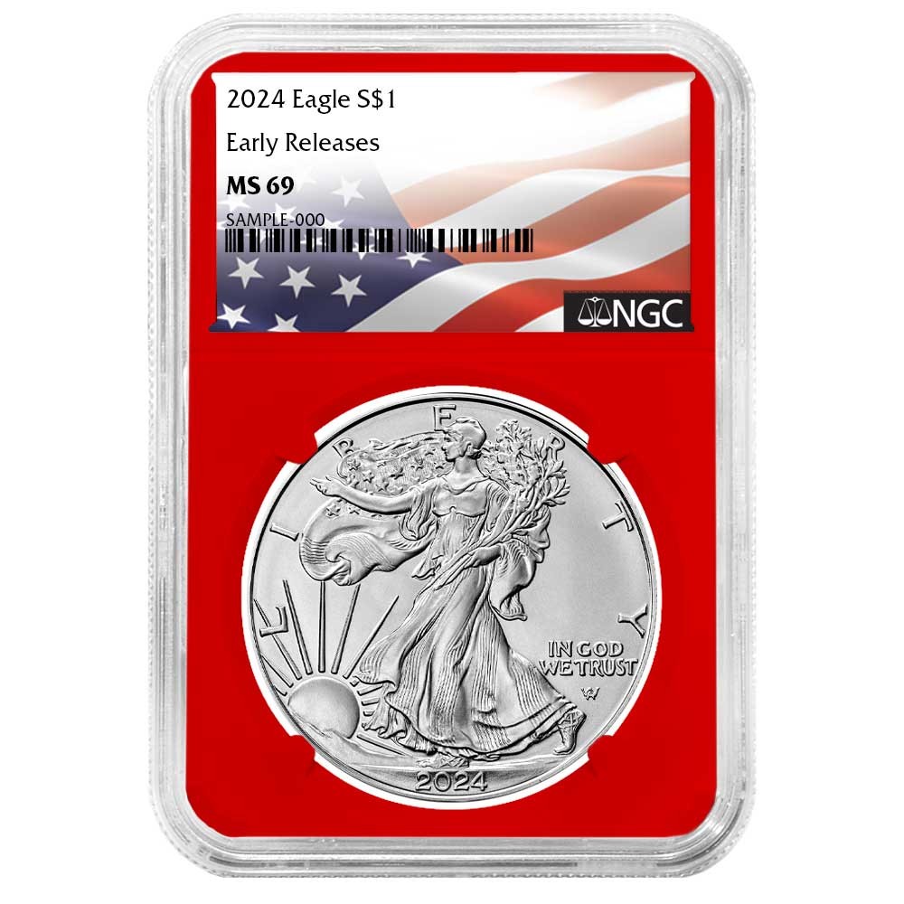2024 $1 American Silver Eagle NGC MS69 ER Flag Label Red Core