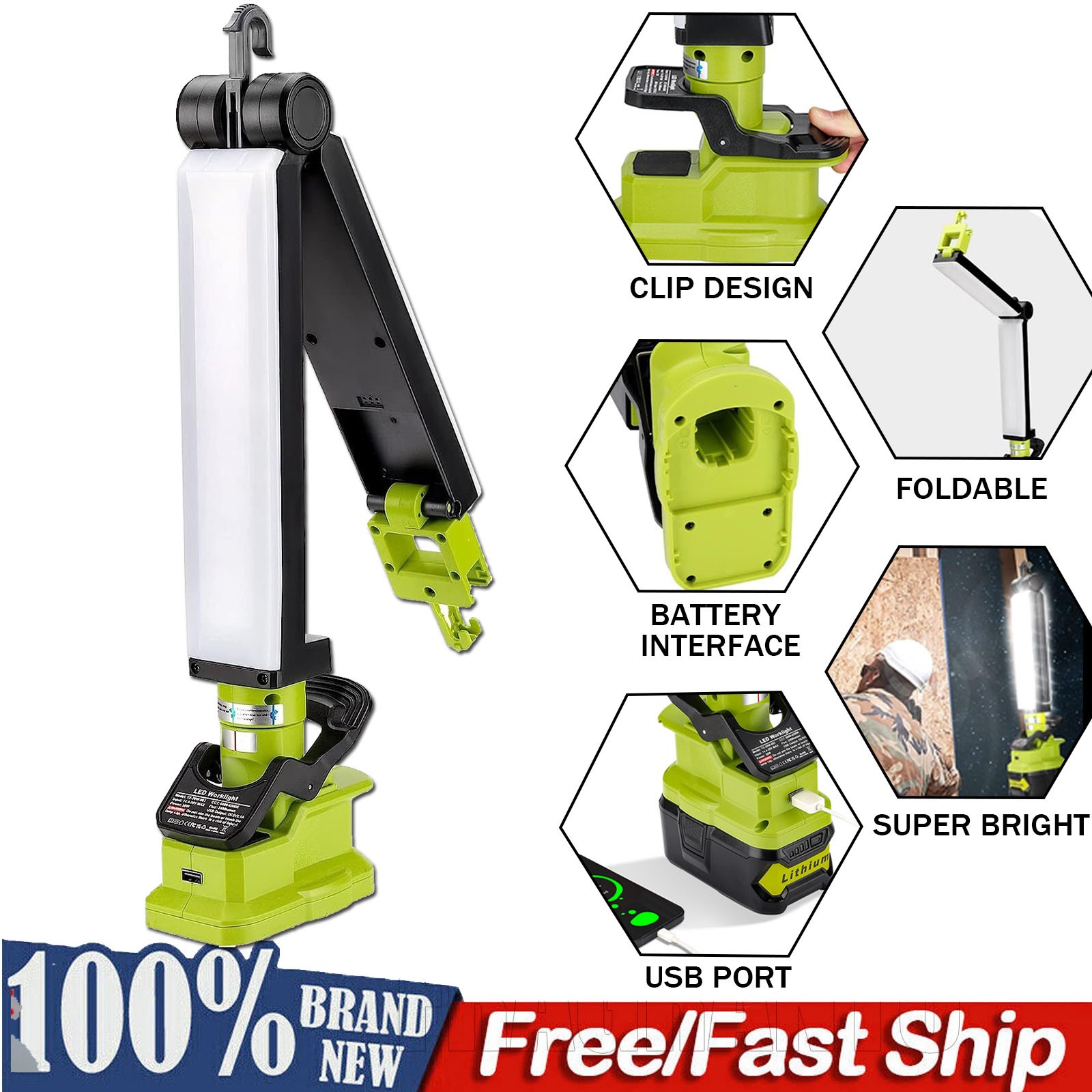 Clip-On Cordless LED Work Light for Ryobi 18v Battery 30W 2400LM LED Flashlight